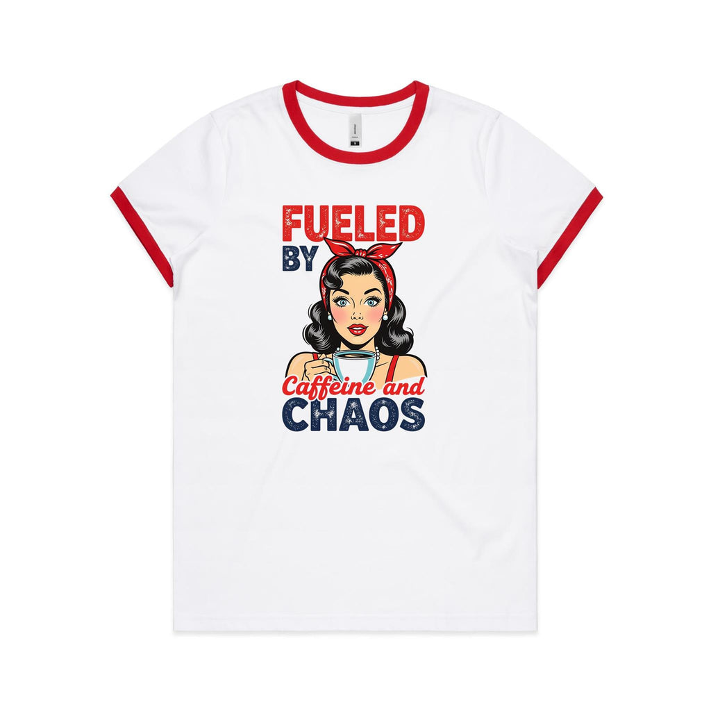 Fueled By Caffeine And Chaos Women's AS Colour Ringer Tee White Red Womens Ringer T-shirt Coffee Printed In Australia