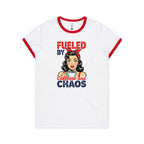Fueled By Caffeine And Chaos Women's AS Colour Ringer Tee White Red Womens Ringer T-shirt Coffee Printed In Australia