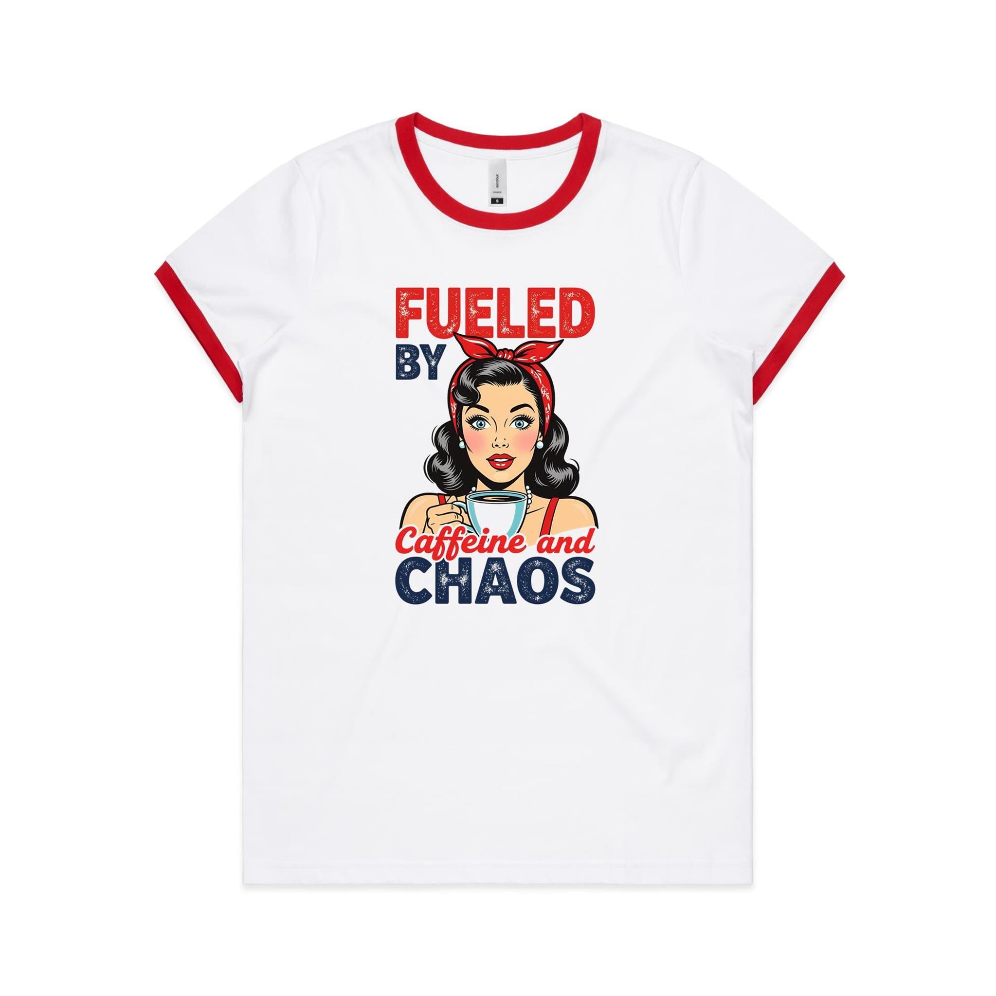 Fueled By Caffeine And Chaos Women's AS Colour Ringer Tee White Red Womens Ringer T-shirt Coffee Printed In Australia