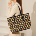 Round Pizzas On Black PU Leather Tote Bag Large Leather Tote Bag-Large Food Printed Offshore