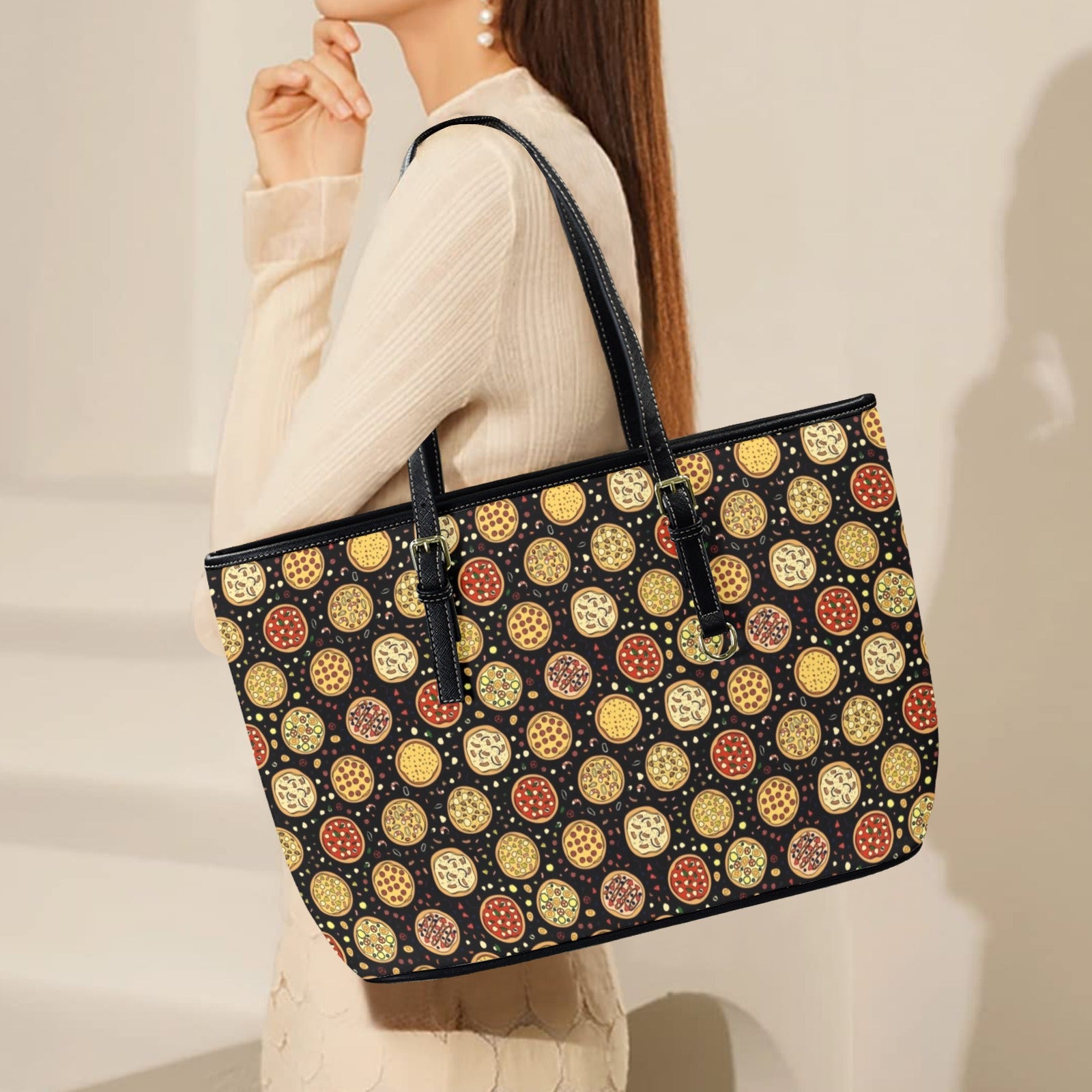 Round Pizzas On Black PU Leather Tote Bag Large Leather Tote Bag-Large Food Printed Offshore