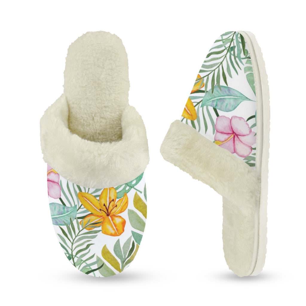 Tropical Flowers And Leaves Women's Fur Trim Thick-Sole Indoor Slippers Women's Fur Trimmed Slippers Plants Printed Offshore