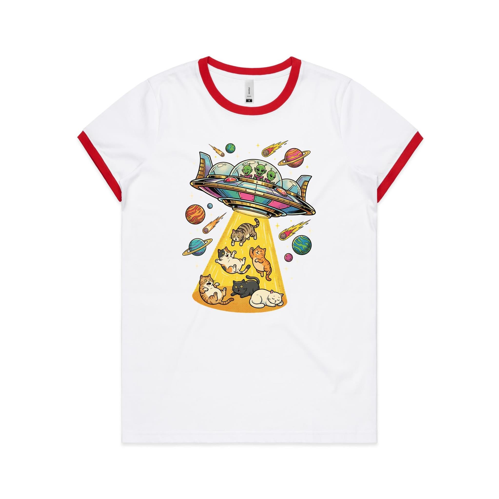 UFO Cat Abduction Women's AS Colour Ringer Tee White Red Womens Ringer T-shirt animal Printed In Australia Sci Fi