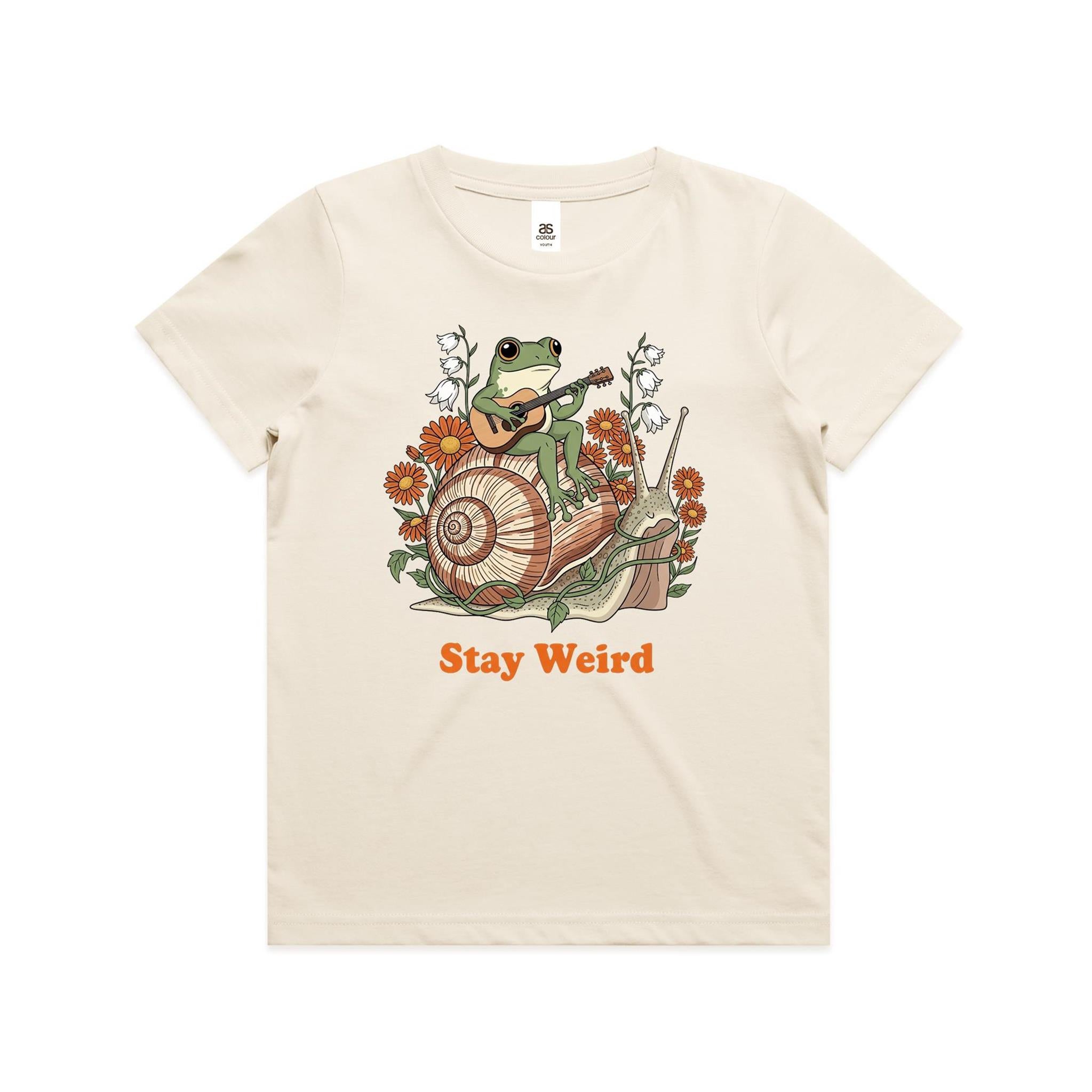 Stay Weird, Guitar Playing Frog On A Snail Kid's AS Colour T-shirt Ecru Kids Youth T-shirt animal Music Printed In Australia