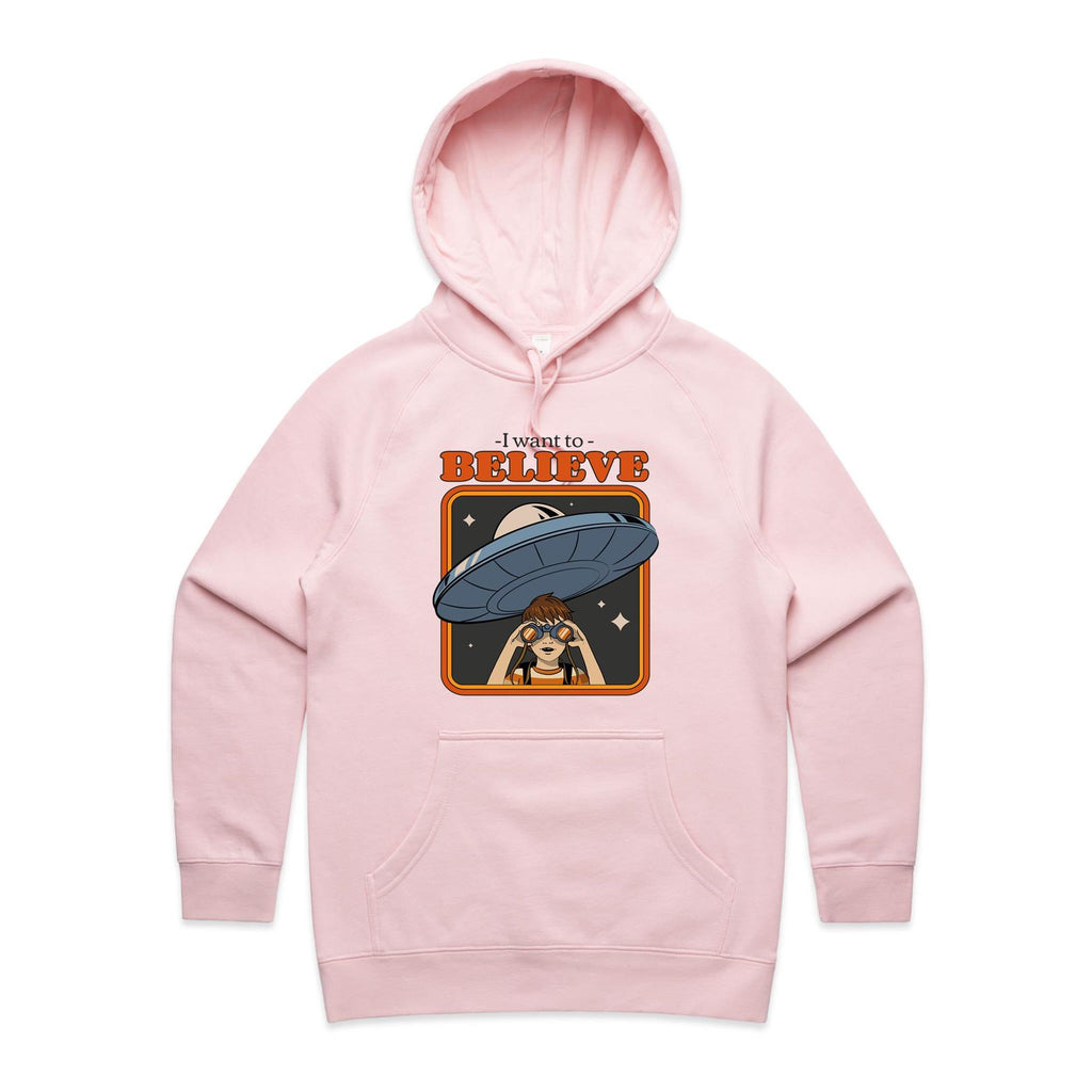 I Want To Believe, UFO - Womens Hoodie Pink Womens Hoodie Printed In Australia Sci Fi
