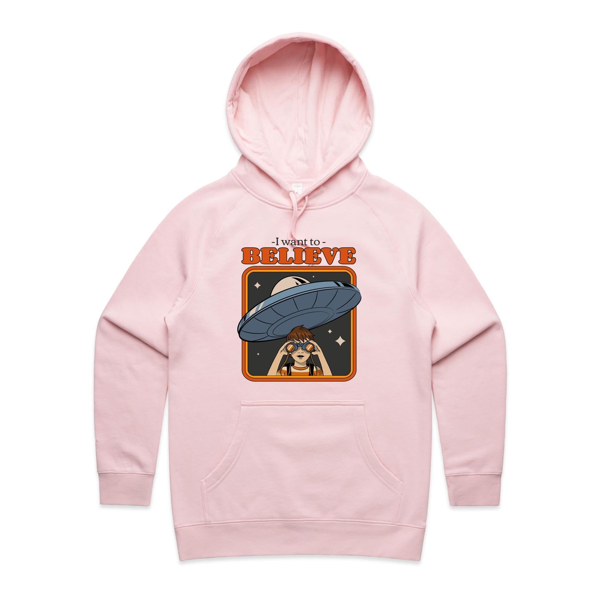 I Want To Believe, UFO - Womens Hoodie Pink Womens Hoodie Printed In Australia Sci Fi