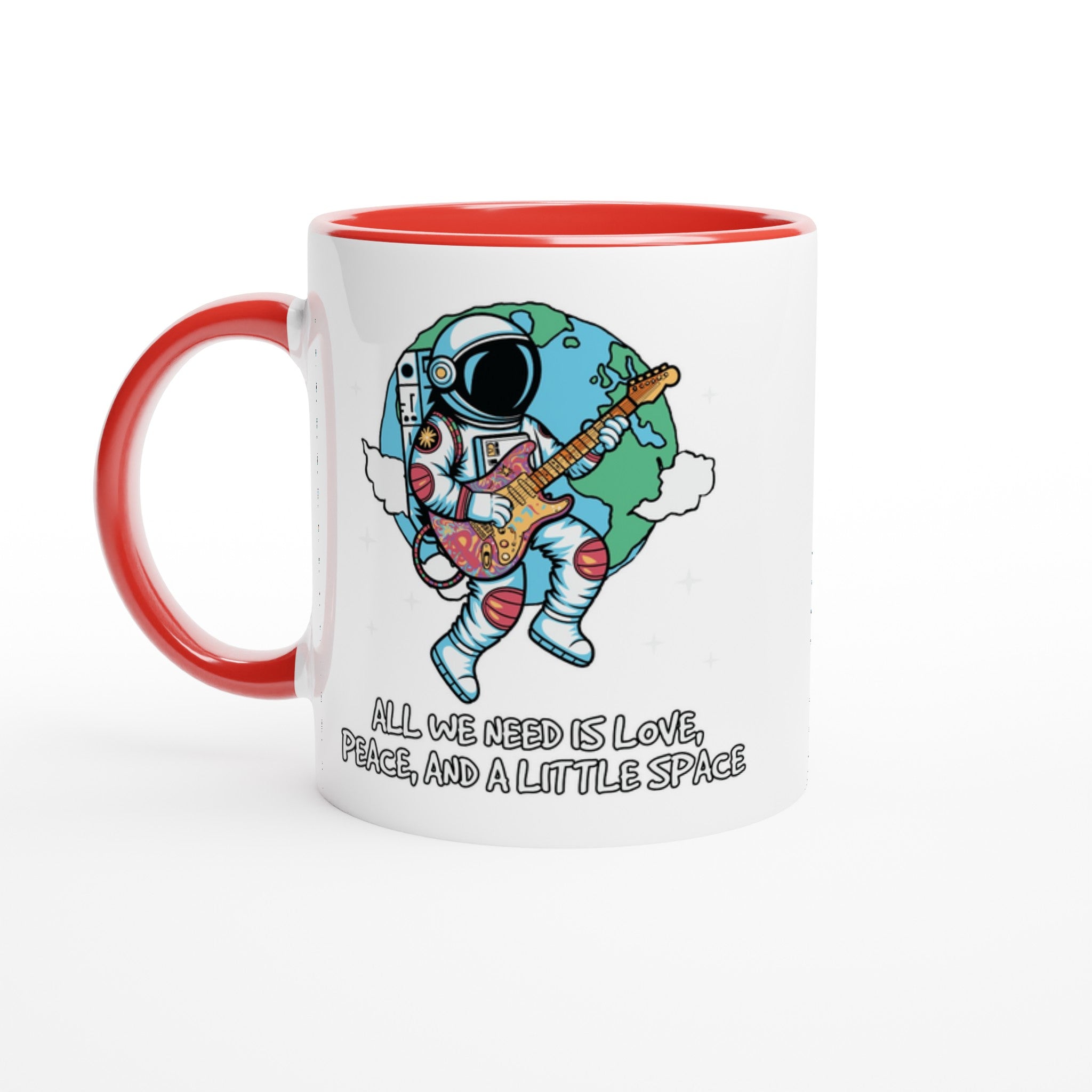 Astronaut, All We Need Is Love, Peace And A Little Space - White 11oz Ceramic Mug With Colour Inside Ceramic Red Colour 11oz Mug Globally Fulfilled Space