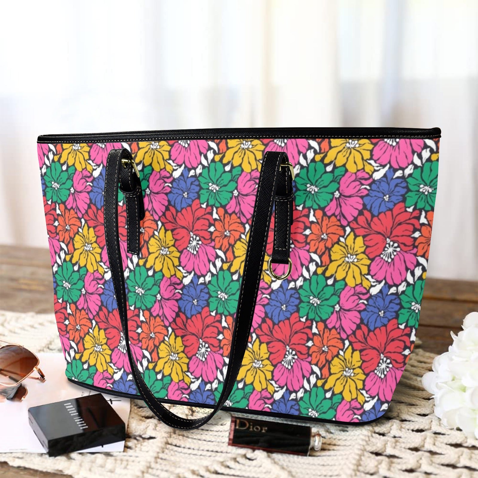 Bright And Bold Flowers - PU Leather Tote Bag - Large