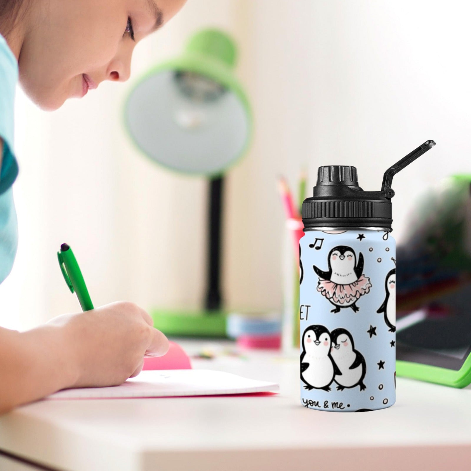 Penguin Love - Kids Water Bottle with Chug Lid (12 oz) Kids Water Bottle with Chug Lid animal Printed Offshore