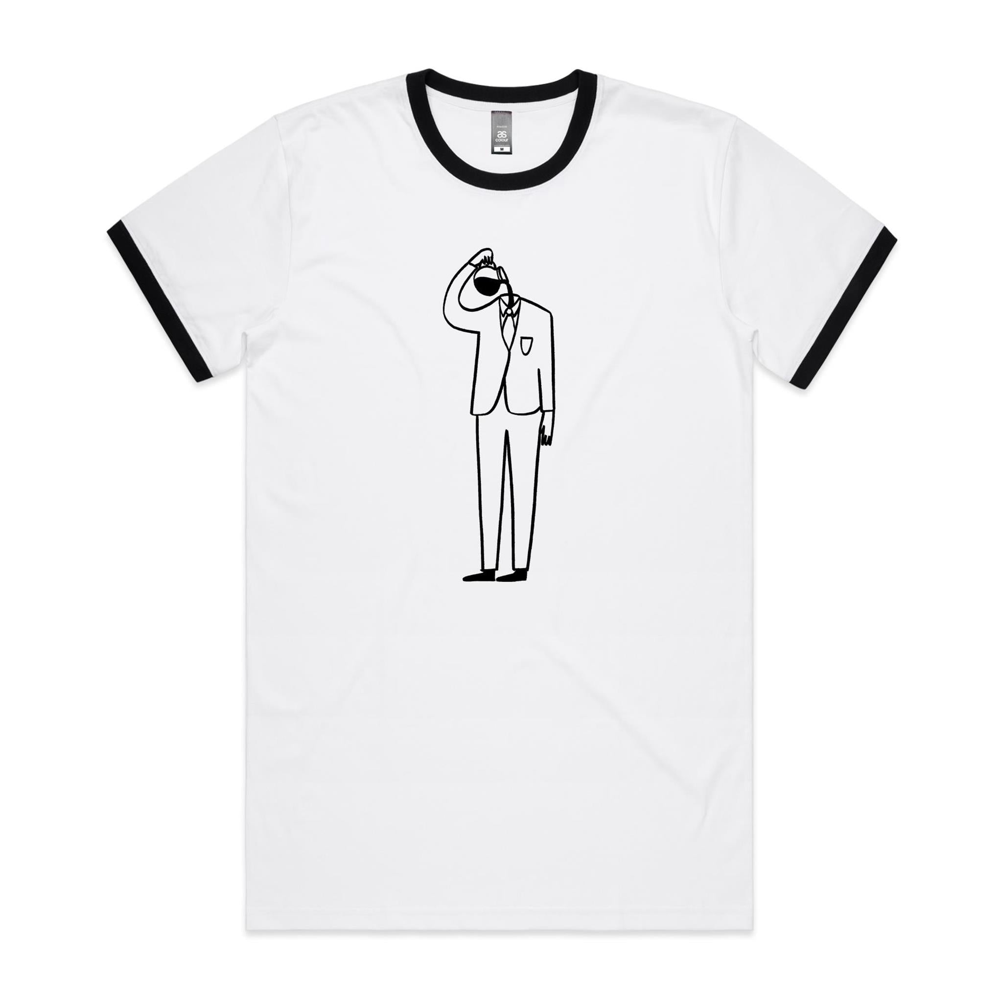 Coffee Brain - Staple Ringer Tee White Black Ringer T-Shirt Coffee Printed In Australia