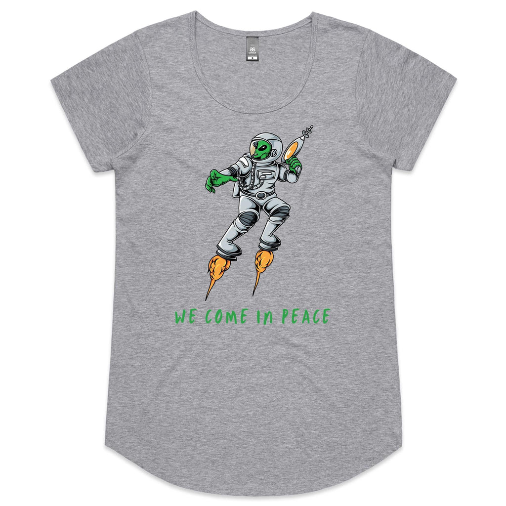 Alien, We Come In Peace - Womens Scoop Neck T-Shirt Grey Marle Womens Scoop Neck T-shirt Printed In Australia Sci Fi