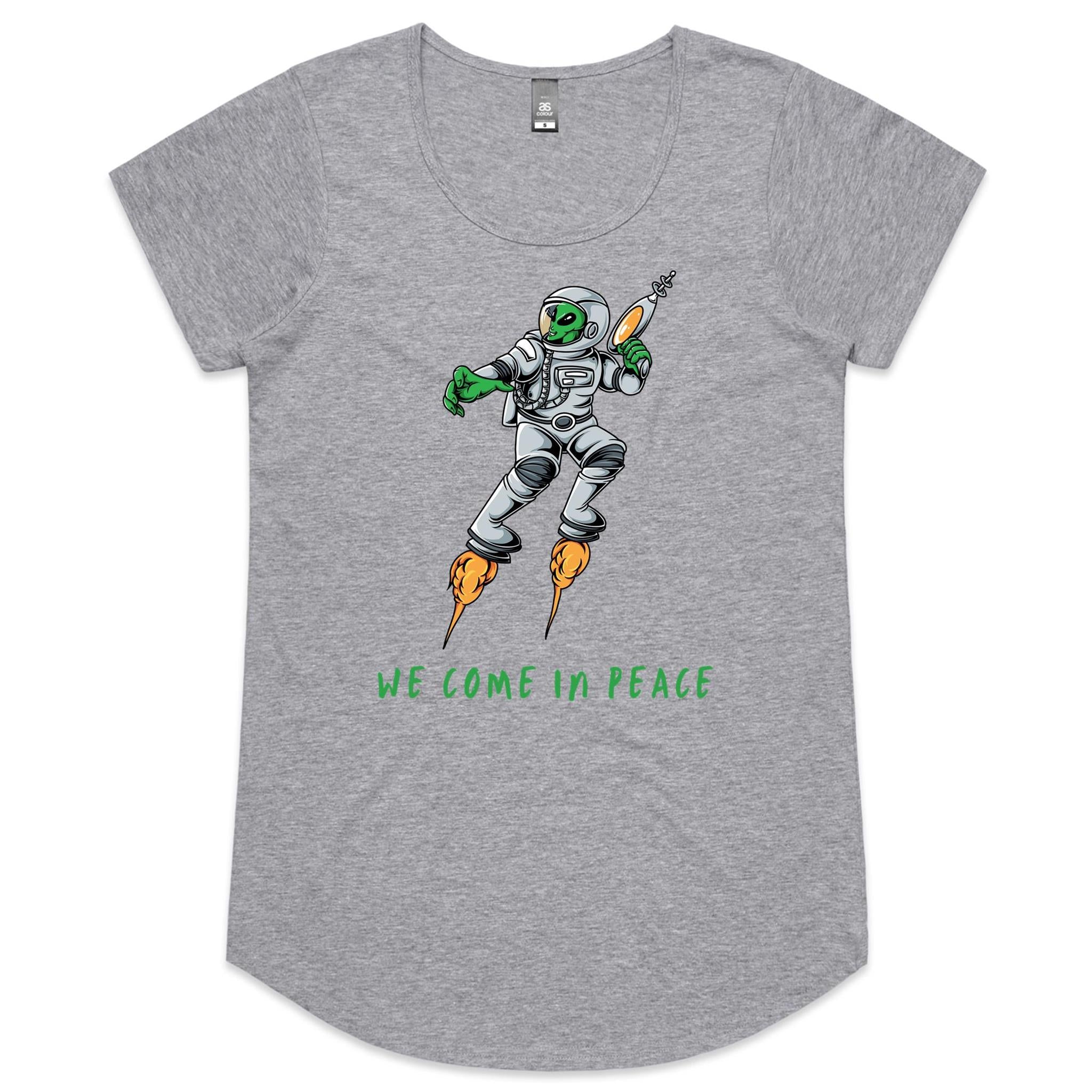 Alien, We Come In Peace - Womens Scoop Neck T-Shirt Grey Marle Womens Scoop Neck T-shirt Printed In Australia Sci Fi