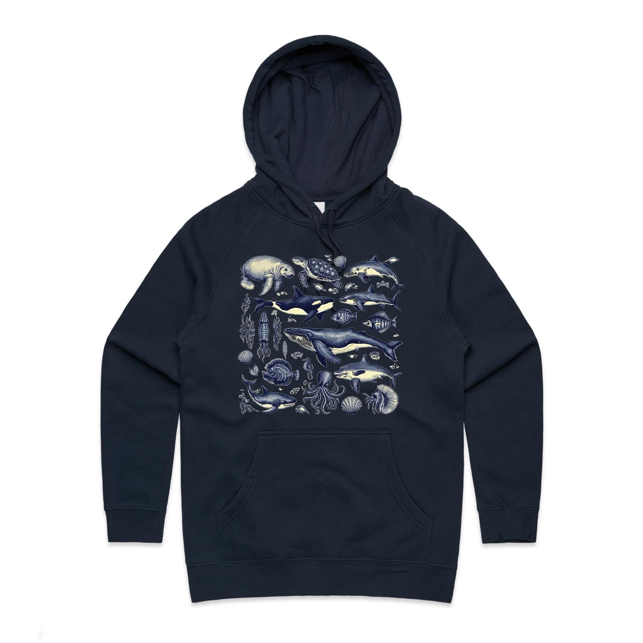 Sea Creatures - Womens Hoodie Navy Womens Hoodie animal Printed In Australia