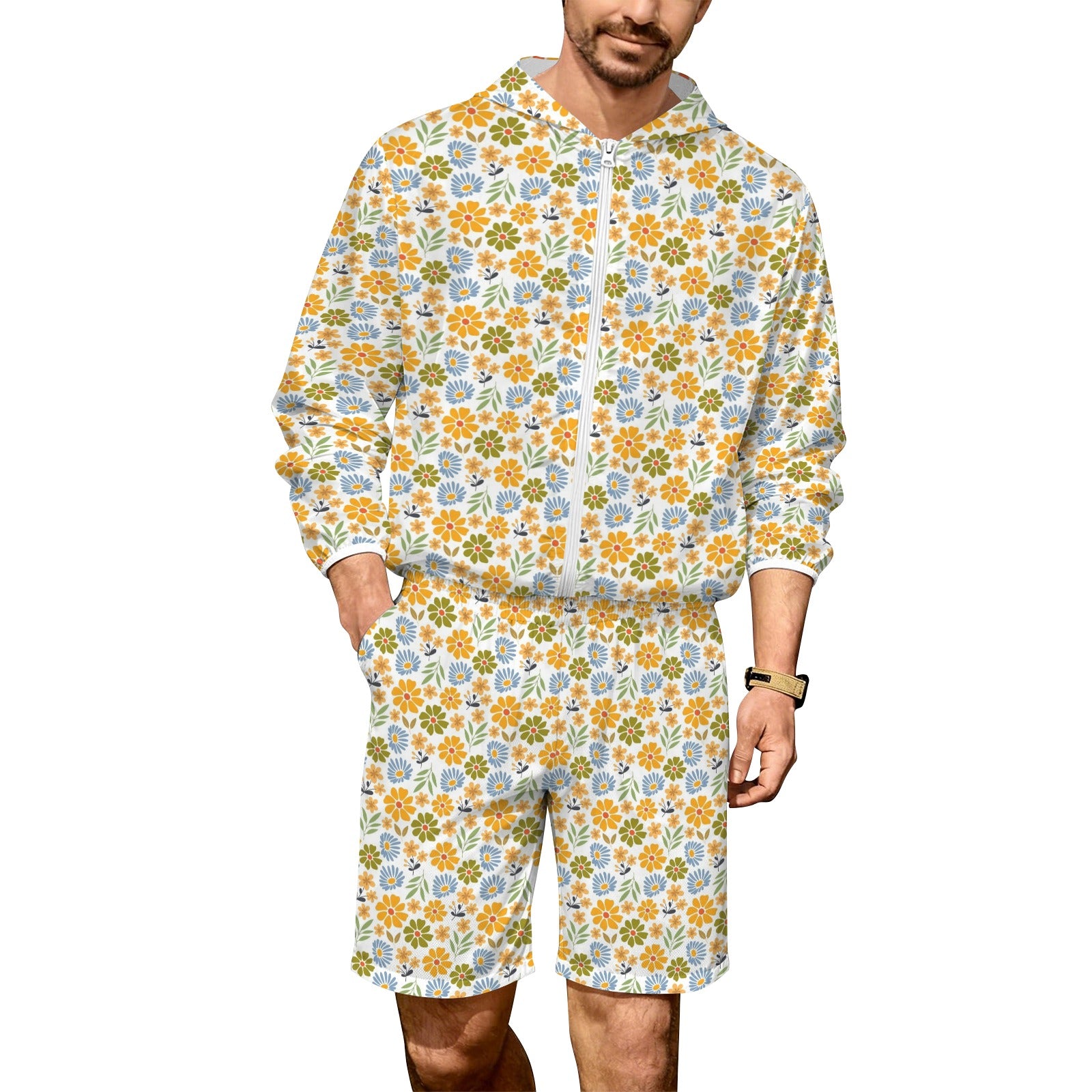 Retro Boho Flower Men's Lightweight Sun Hoodie & Shorts Set 4XL Men's Lightweight Sun Hoodie & Shorts Plants Printed Offshore