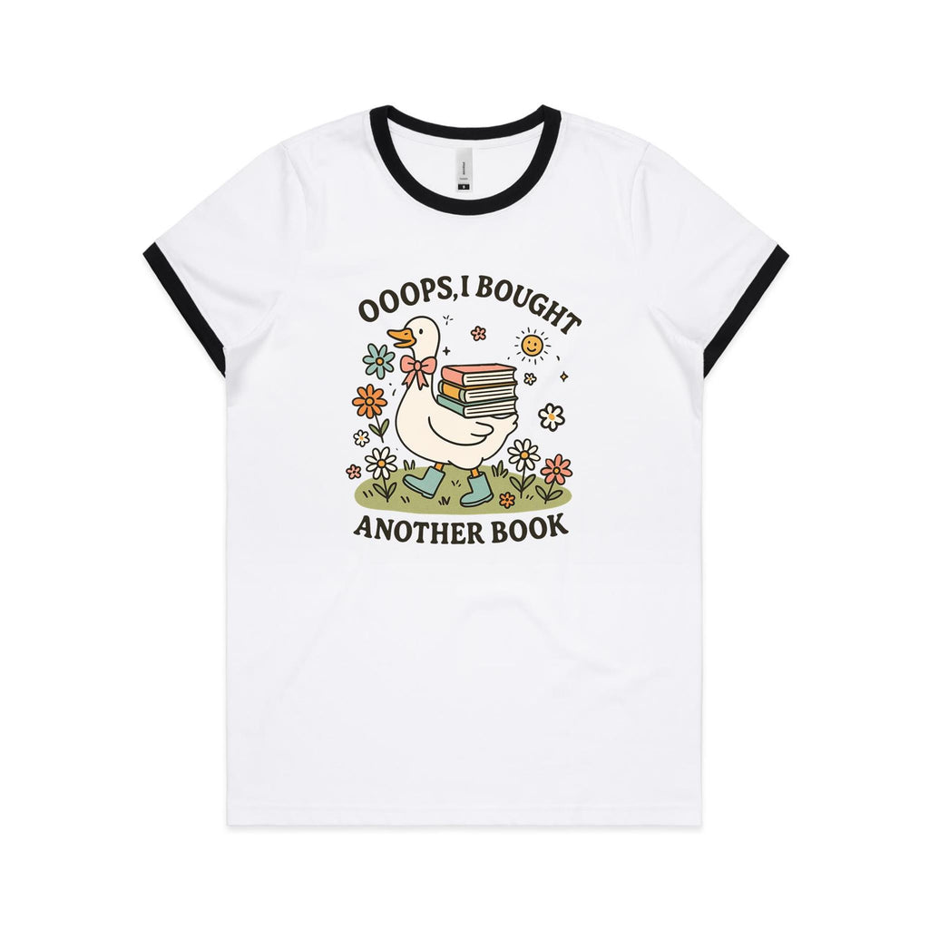 Oops, I Bought Another Book - Women's Ringer Tee White Black Womens Ringer T-shirt animal Printed In Australia Reading