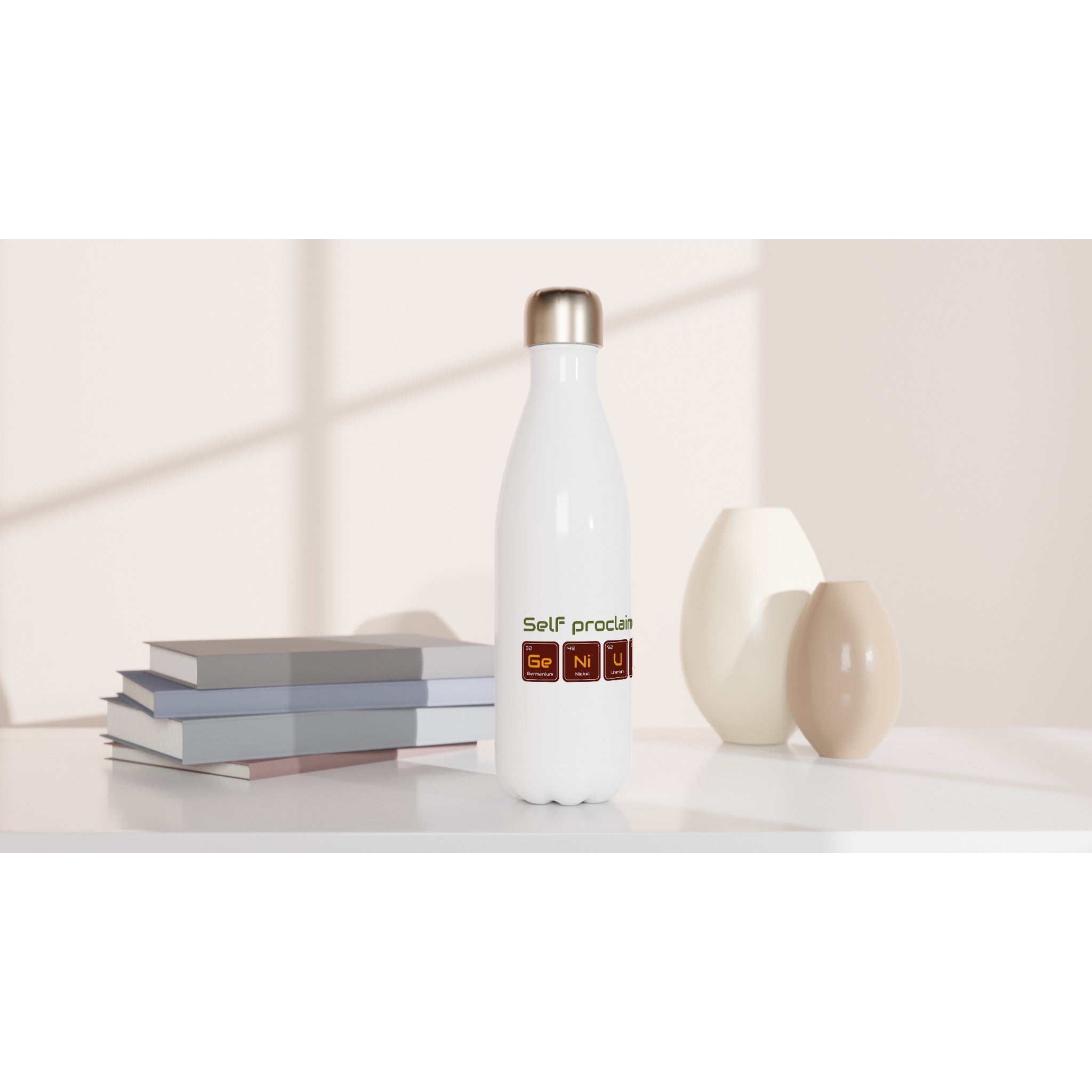 Self Proclaimed Genius, Periodic Table - White 17oz Stainless Steel Water Bottle White Water Bottle Globally Fulfilled Science