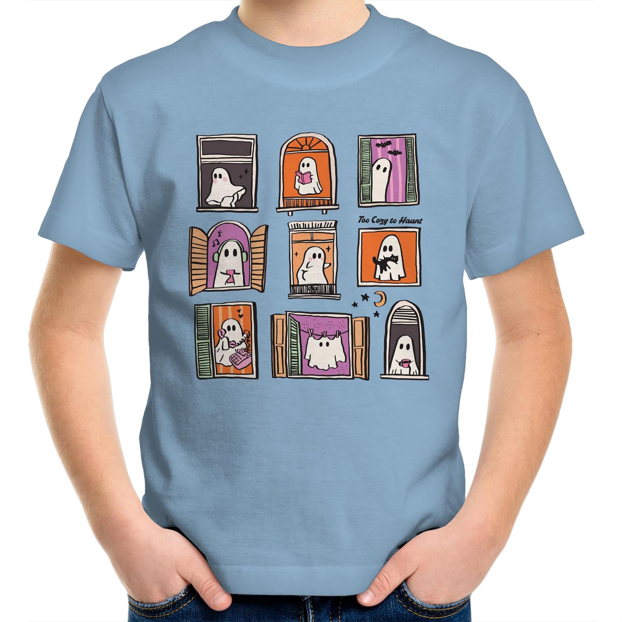 Ghosts In Windows - Kids Youth T-Shirt Carolina Blue Kids Youth T-shirt Halloween Printed In Australia