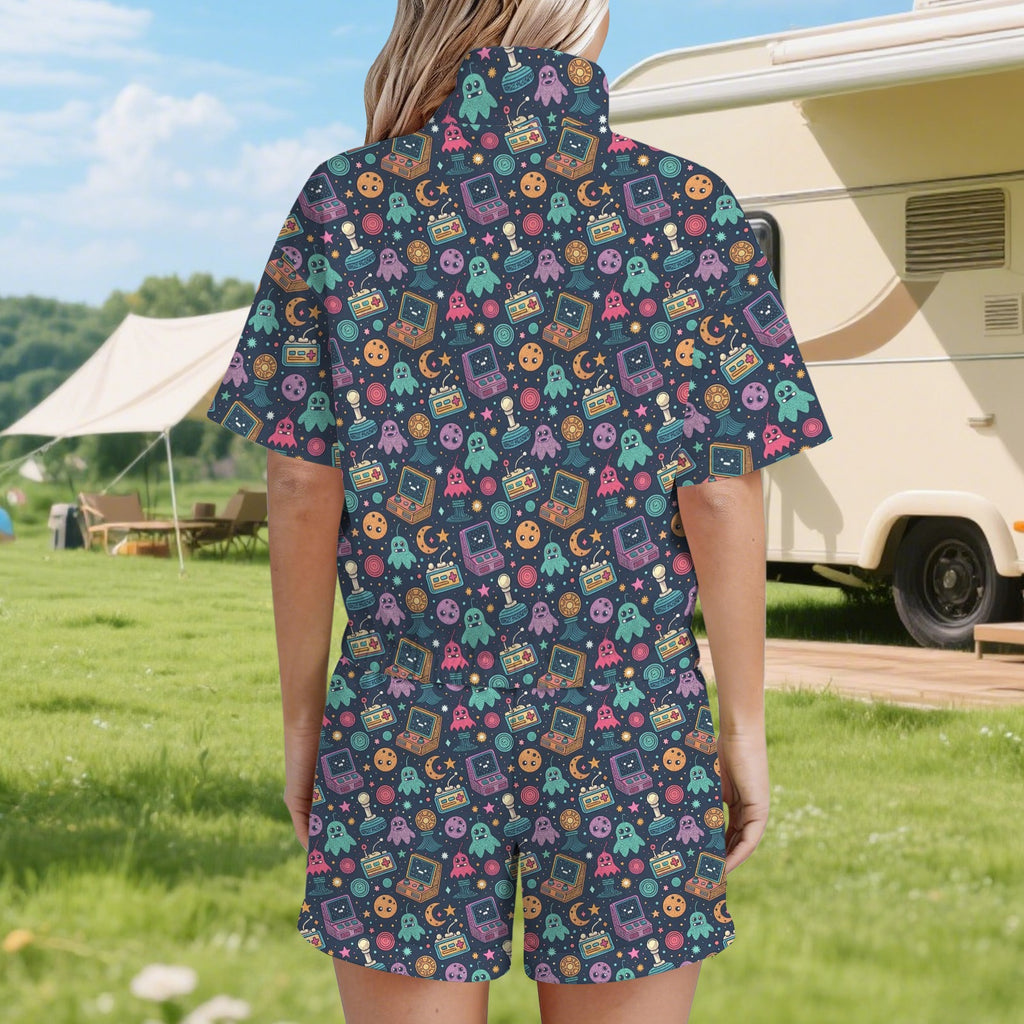 Space Arcade Women's Windbreaker Short Set Women's Windbreaker Short Set Games Printed Offshore Retro Space