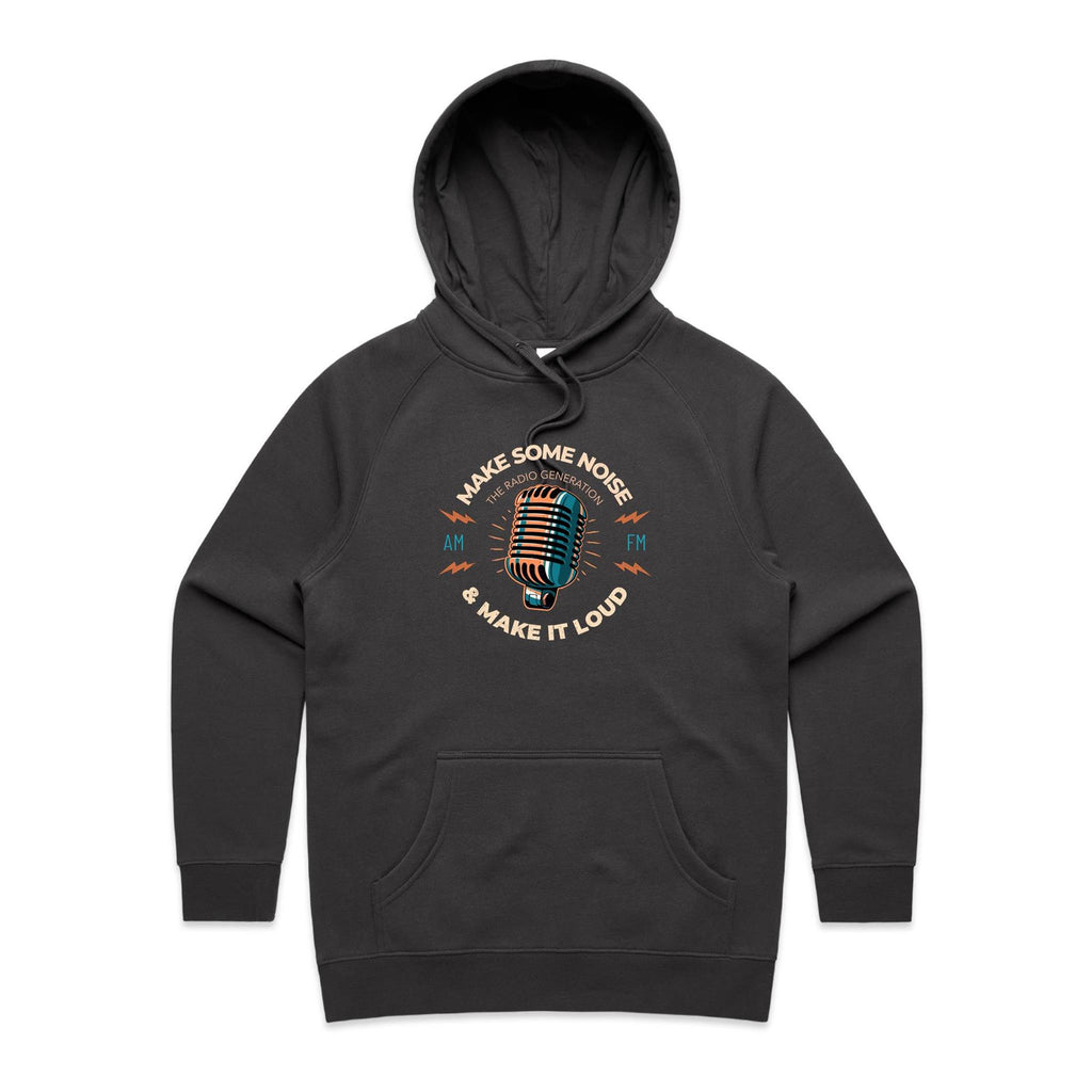 Make Some Noise, Retro Microphone - Womens Hoodie Coal Womens Hoodie Music Printed In Australia Retro