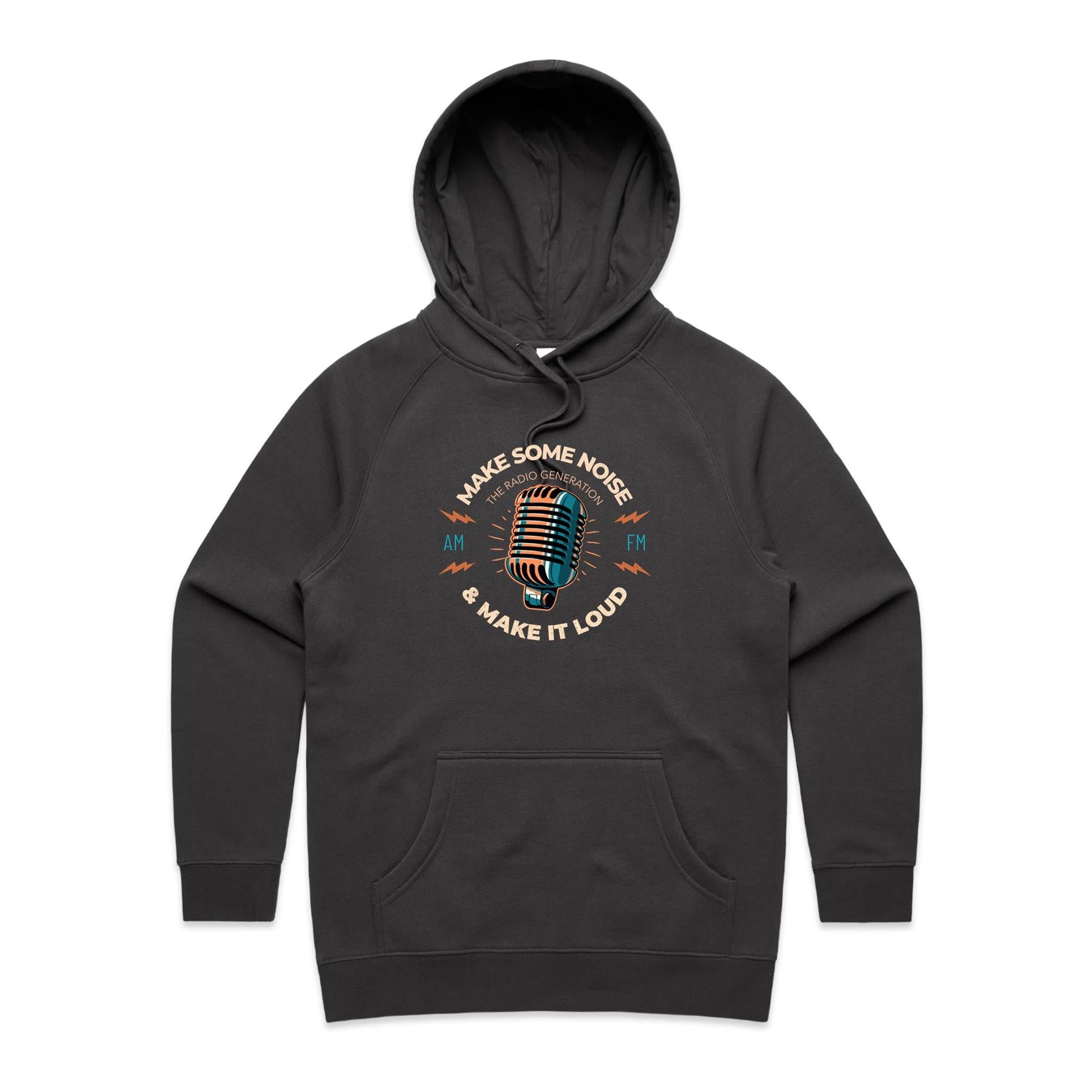 Make Some Noise, Retro Microphone - Womens Hoodie Coal Womens Hoodie Music Printed In Australia Retro