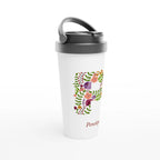 Personalised - Floral Initial - White 15oz Stainless Steel Travel Mug Personalised Travel Mug Customise Globally Fulfilled Initial Name Personalise