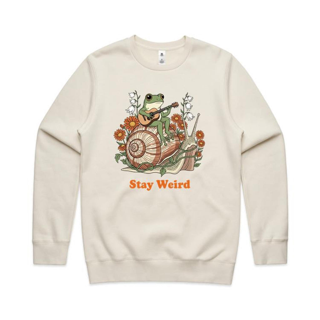 Stay Weird, Guitar Playing Frog On A Snail AS Colour Stencil Crew Sweatshirt Unisex Ecru Sweatshirt animal Music Printed In Australia