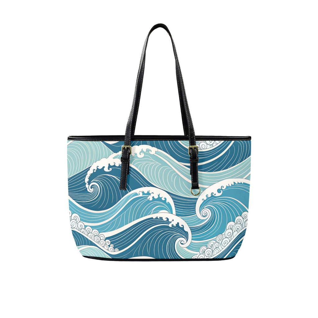 Ocean Waves PU Leather Tote Bag Large One Size Leather Tote Bag-Large Ocean Printed Offshore