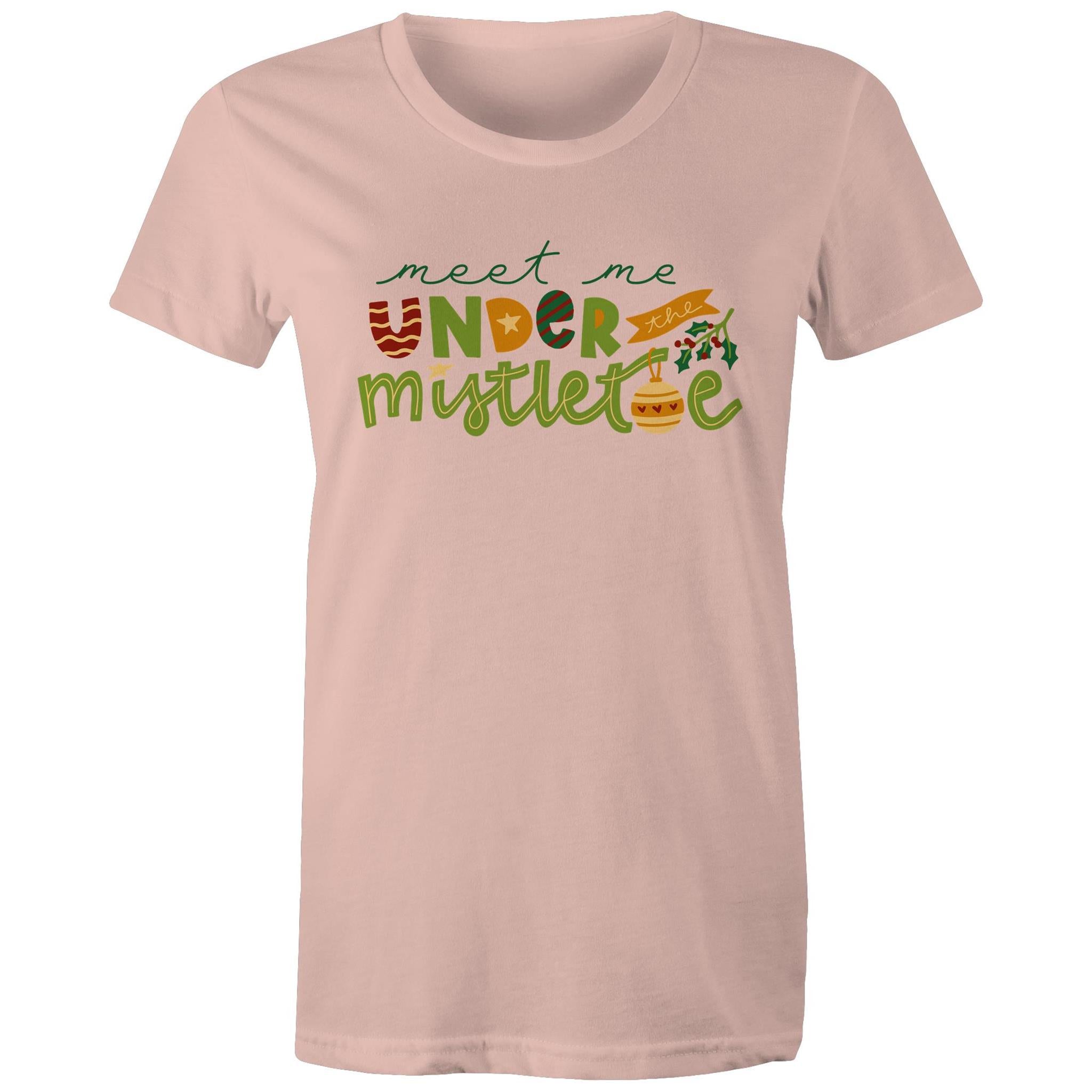 Meet Me Under The Mistletoe, Christmas - Womens T-shirt Pale Pink Womens Christmas T-shirt Christmas Printed In Australia