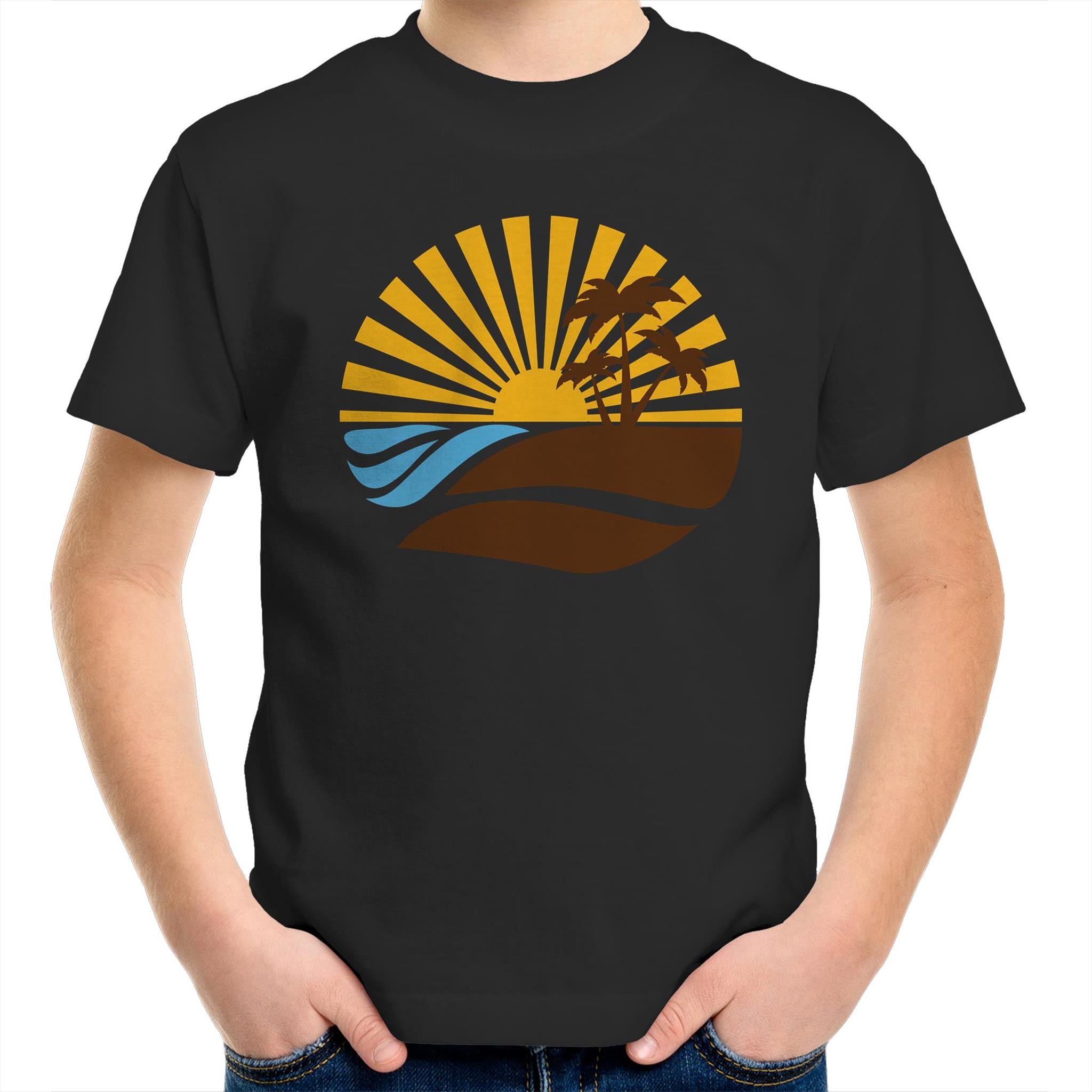 Retro Sunset - Kids Youth T-Shirt Black Kids Youth T-shirt Printed In Australia Retro Summer