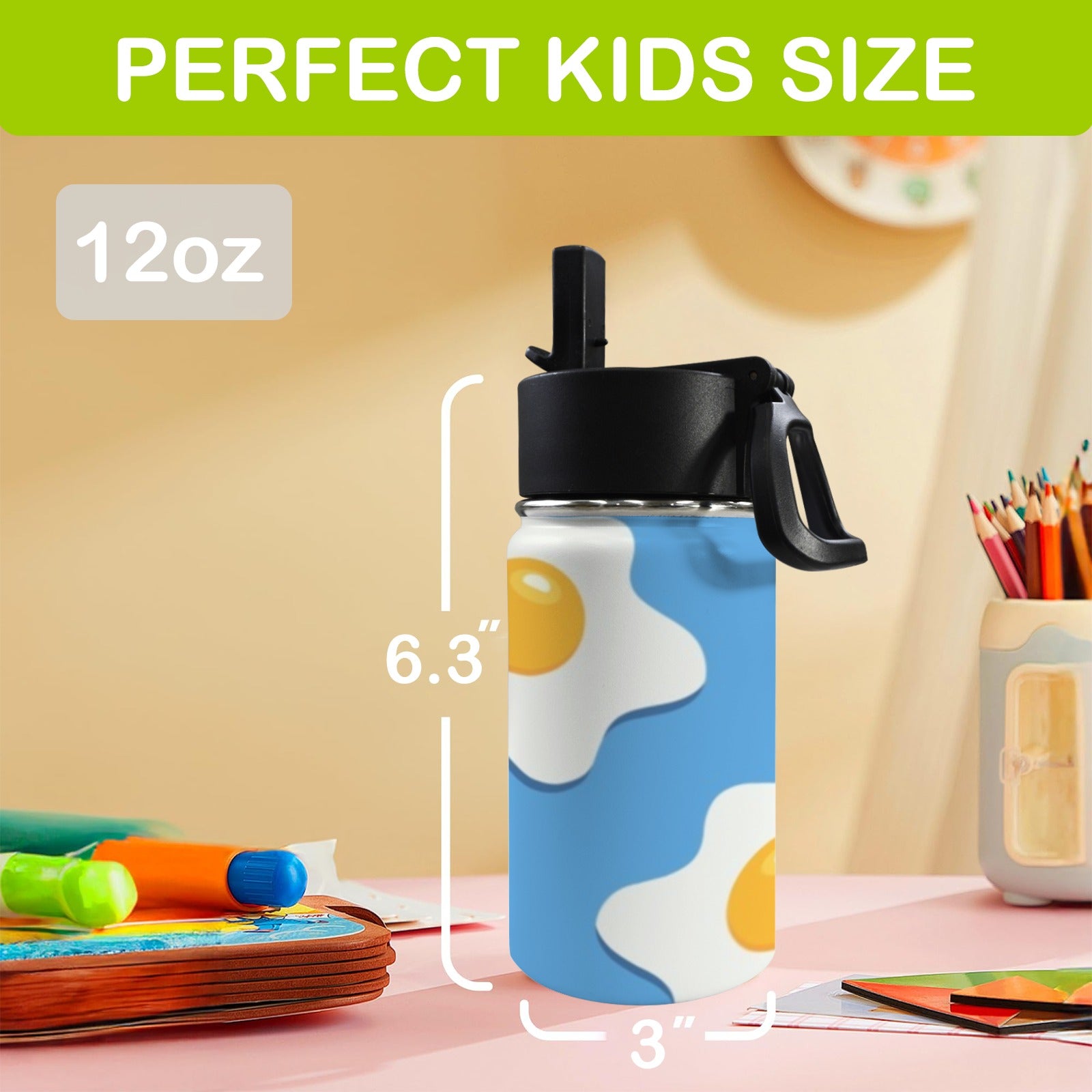 Fried Eggs 12oz Kids Water Bottle with Straw Lid
