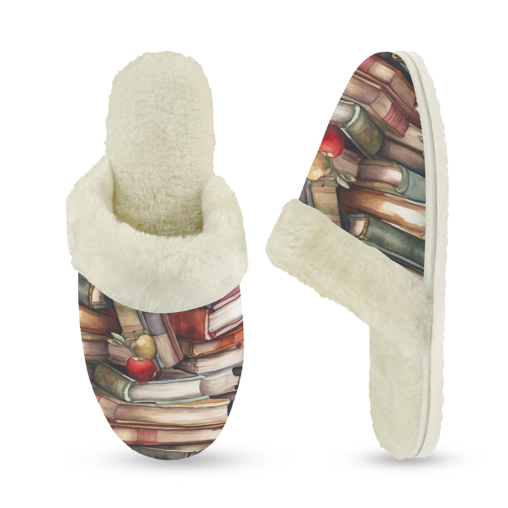 Watercolour Books Women's Fur Trim Thick-Sole Indoor Slippers Women's Fur Trimmed Slippers Printed Offshore Reading