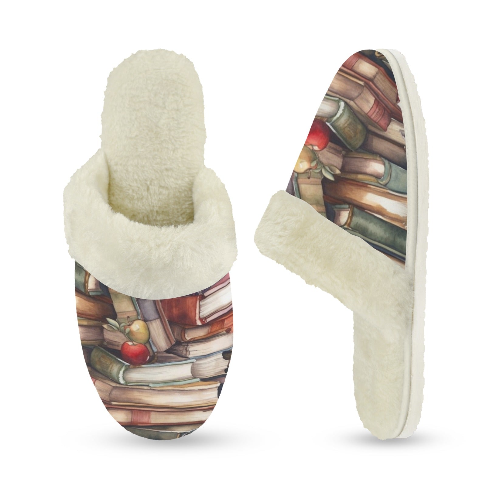 Watercolour Books Women's Fur Trim Thick-Sole Indoor Slippers Women's Fur Trimmed Slippers Printed Offshore Reading