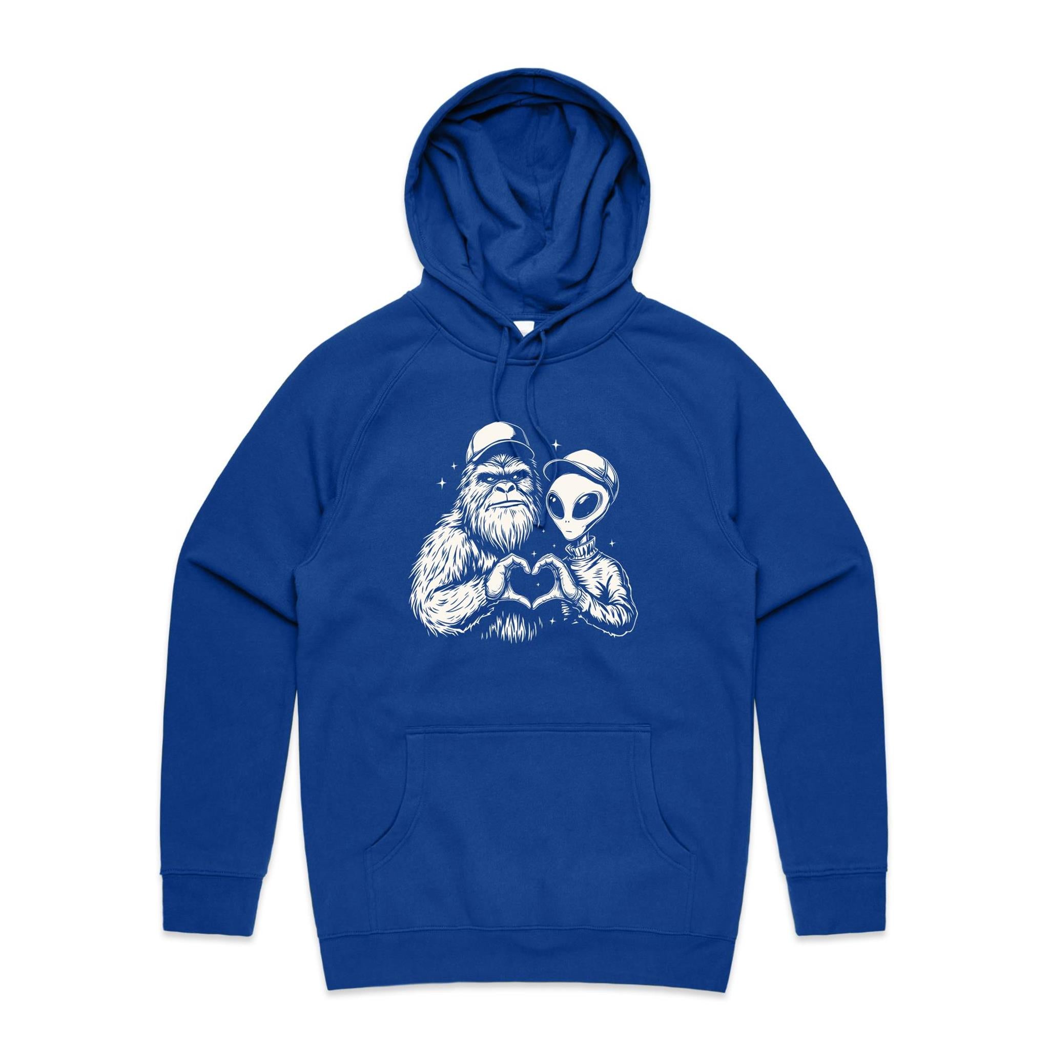 Alien Bigfoot Heart Hands - Mens Hoodie Bright Royal Mens Hoodie Love Printed In Australia Sci Fi