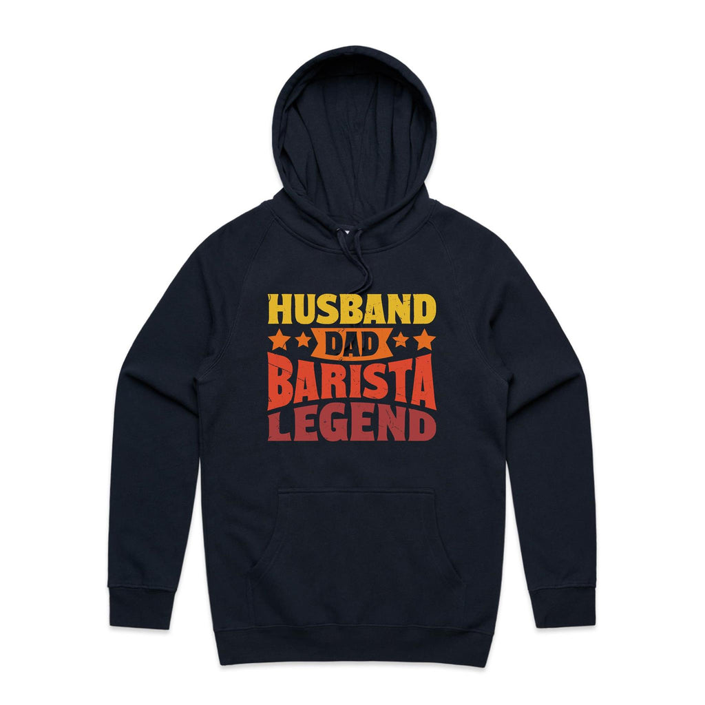 Husband, Dad Barista, Legend Men's AS Colour Hoodie Navy Mens Hoodie Coffee Dad Printed In Australia
