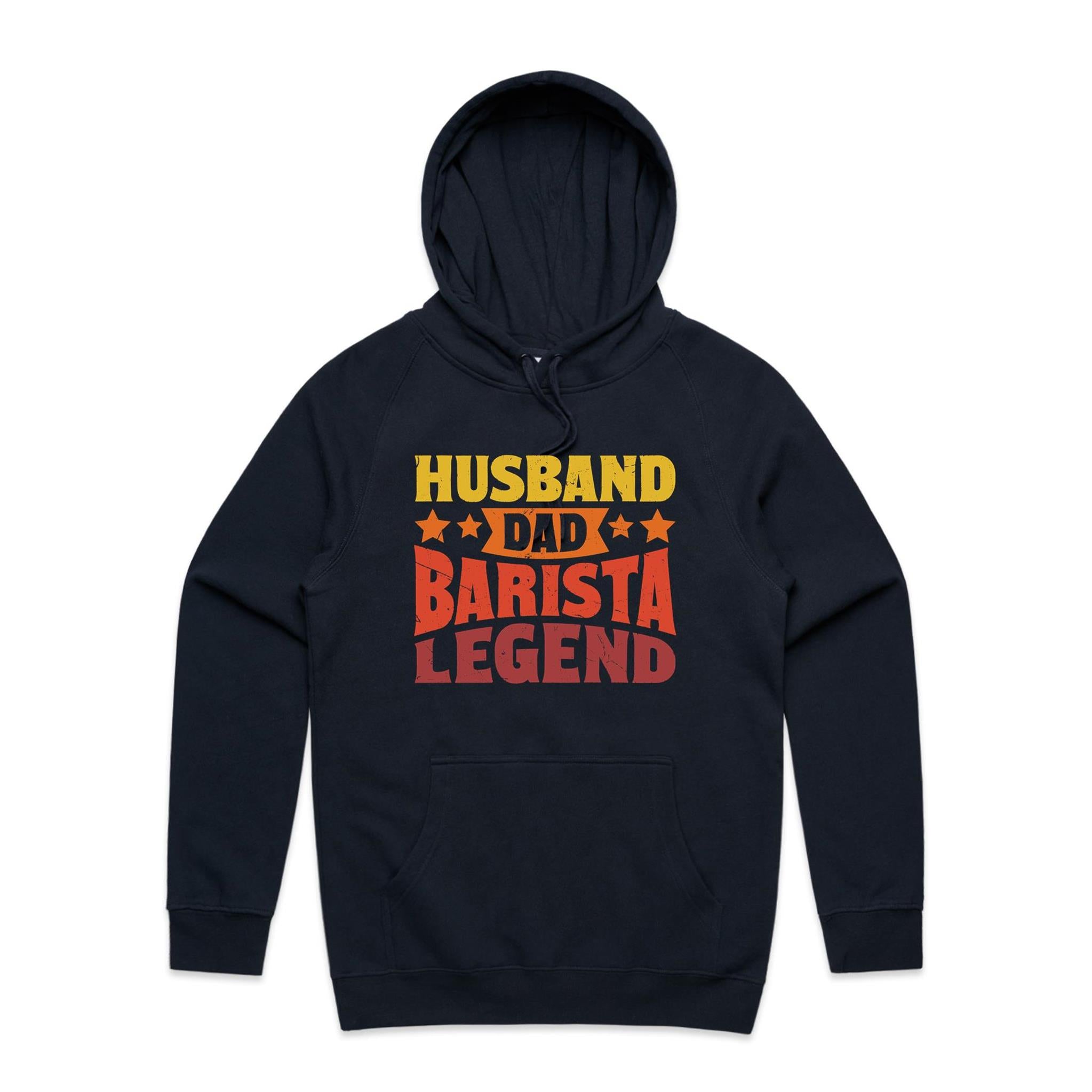 Husband, Dad Barista, Legend Men's AS Colour Hoodie Navy Mens Hoodie Coffee Dad Printed In Australia