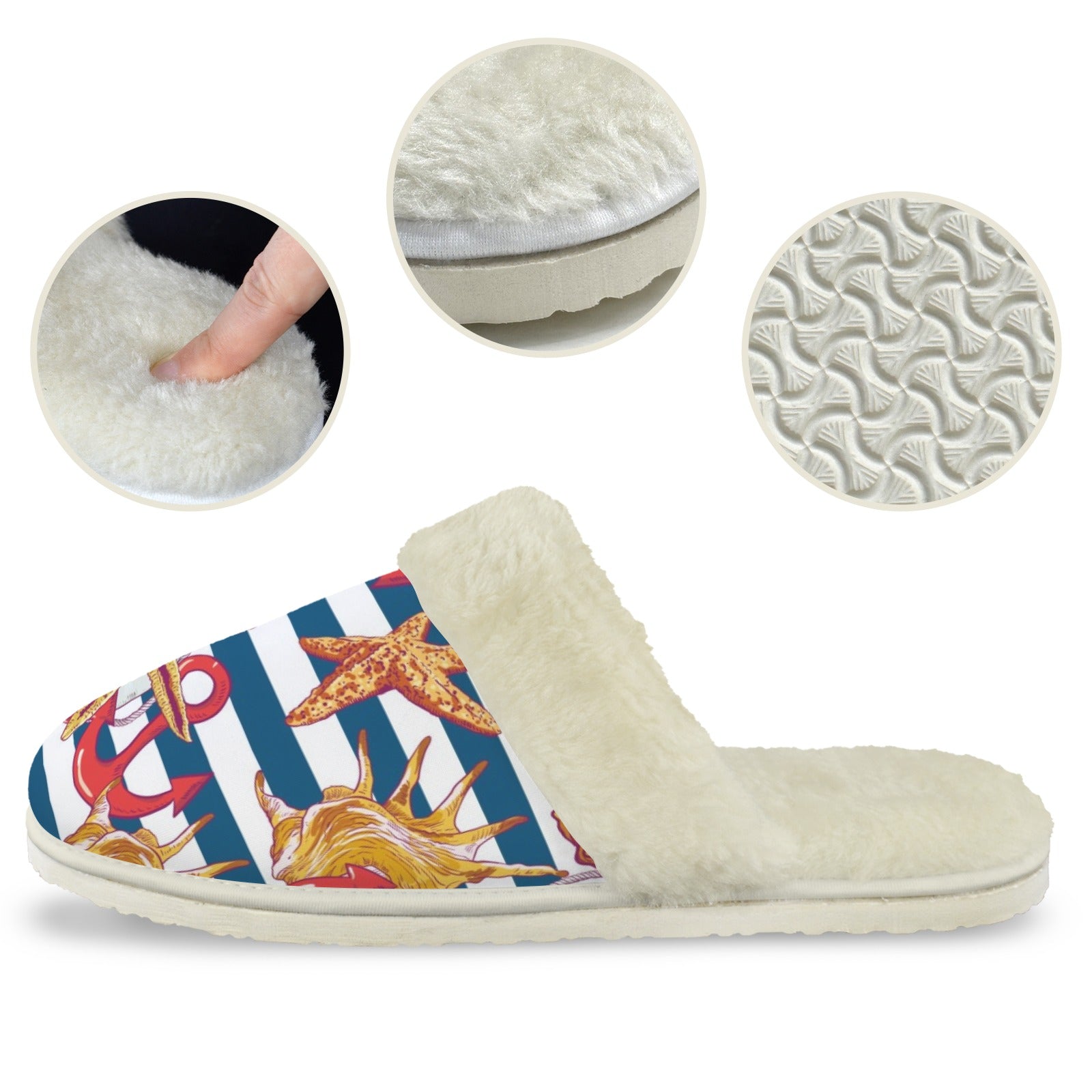 Life At Sea Men's Fur Trim Thick-Sole Indoor Slippers Men's Fur Trimmed Slippers Ocean Printed Offshore