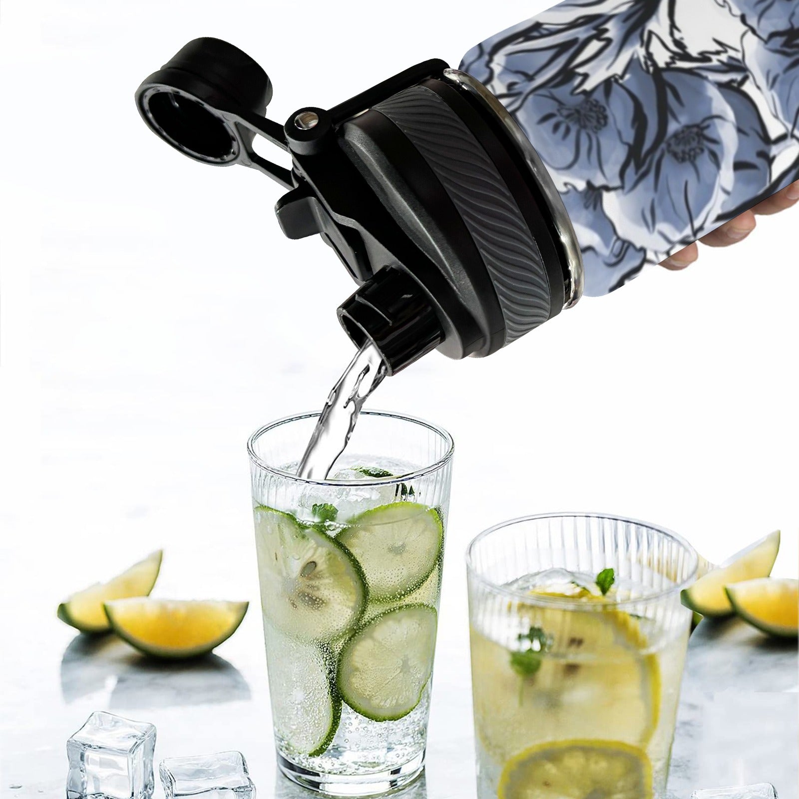 Blue And White Floral - Insulated Water Bottle with Dual-Use Lid (18oz) Insulated Water Bottle with Dual-Use Lid (18oz) Plants Printed Offshore