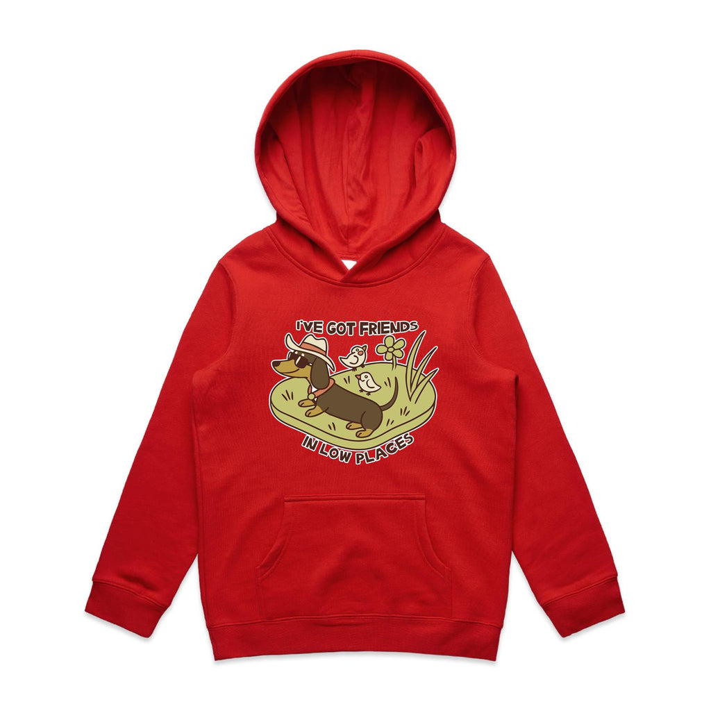 Dachshund, I've Got Friends In Low Places Kids AS Colour Hoodie Red Kids Hoodie animal Printed In Australia