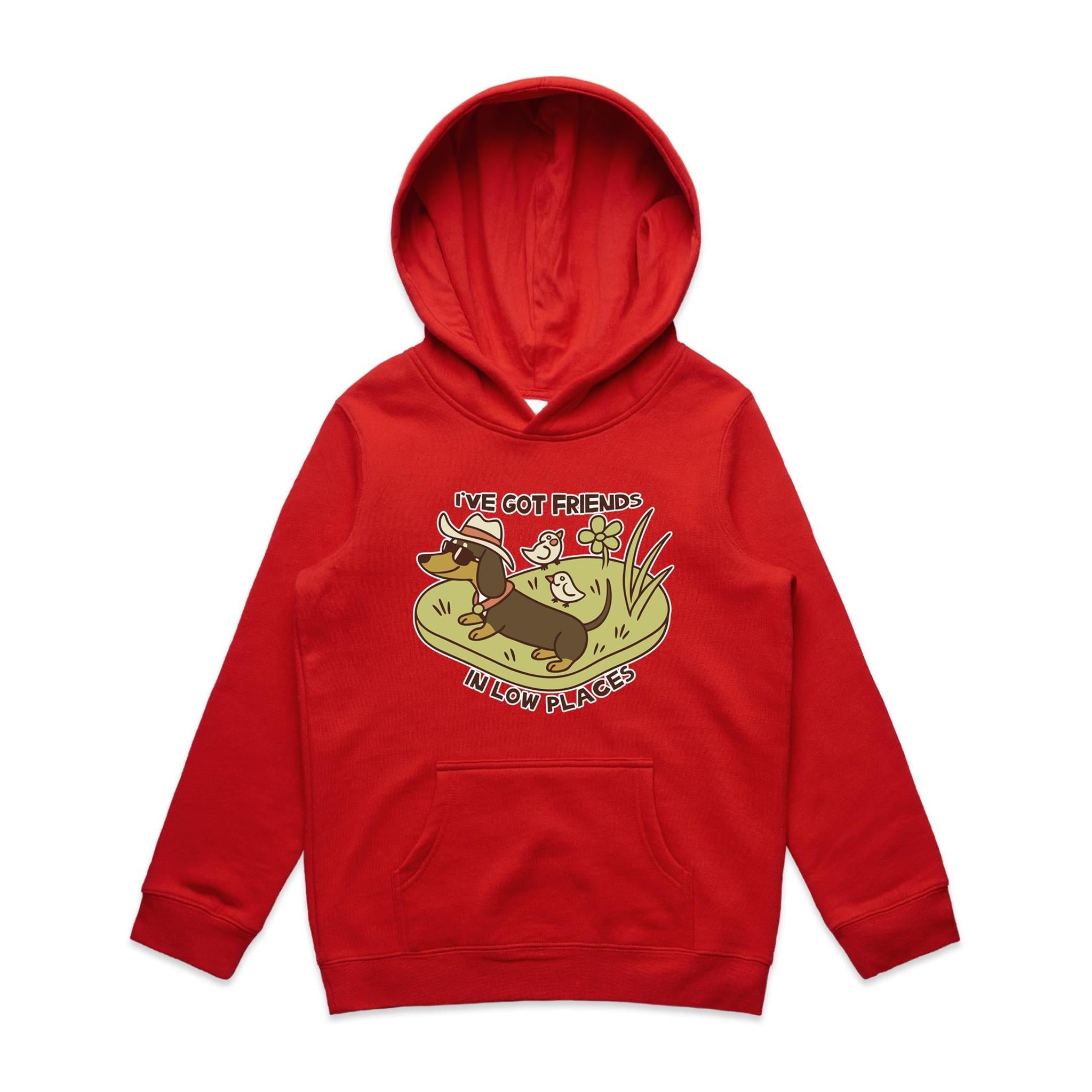 Dachshund, I've Got Friends In Low Places Kids AS Colour Hoodie Red Kids Hoodie animal Printed In Australia