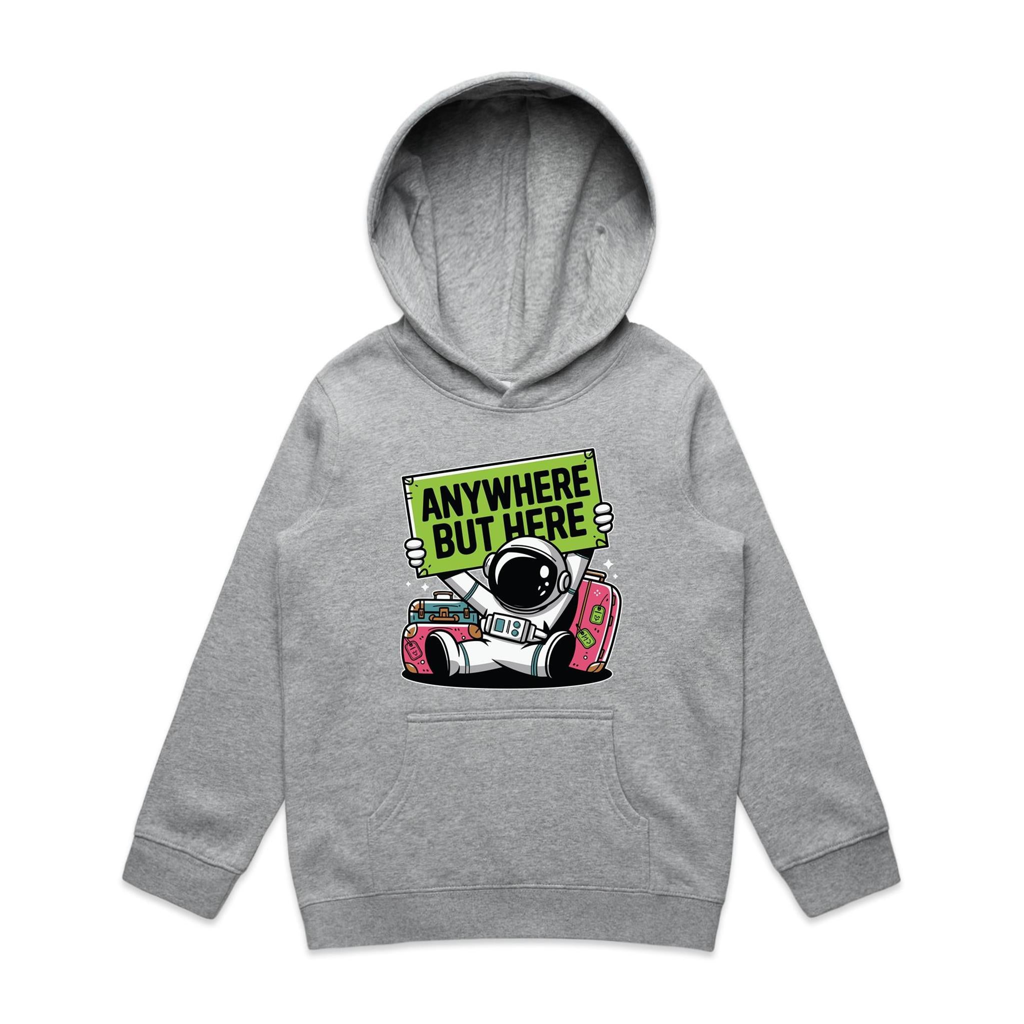 Astronaut, Anywhere But Here - Kids Hoodie Grey Marle Kids Hoodie Printed In Australia
