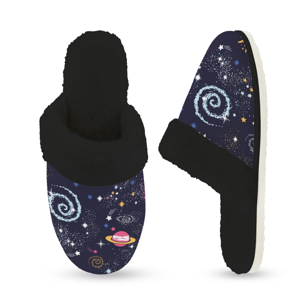 Outer Space Women's Fur Trim Thick-Sole Indoor Slippers Women's Fur Trimmed Slippers Printed Offshore Space