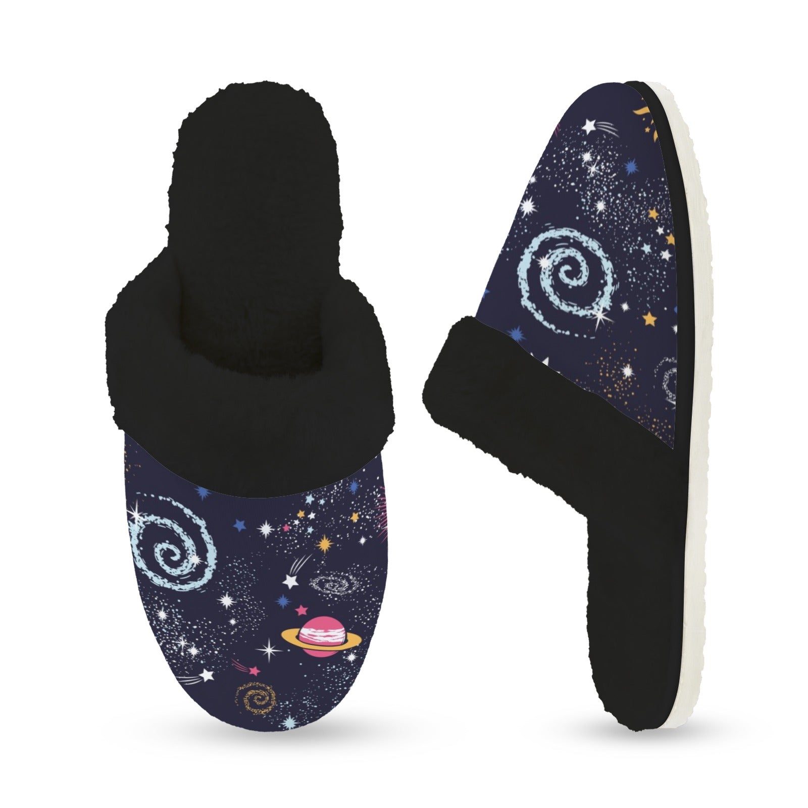 Outer Space Women's Fur Trim Thick-Sole Indoor Slippers Women's Fur Trimmed Slippers Printed Offshore Space