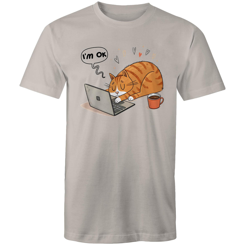 Cat Laptop, I'm OK - Mens T-Shirt Light Grey Mens T-shirt animal Printed In Australia