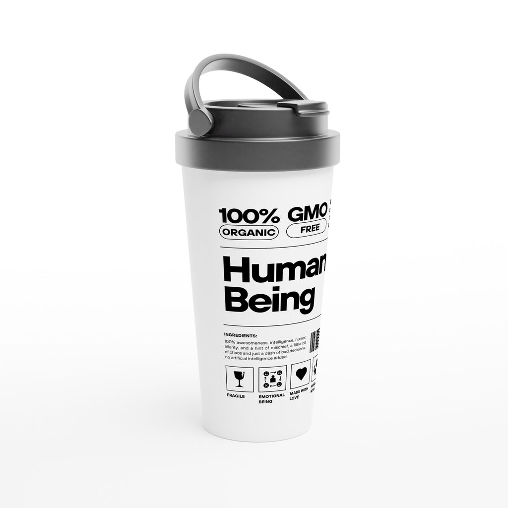 Human Being Product Description, Definition - White 15oz Stainless Steel Travel Mug Travel Mug Funny Globally Fulfilled