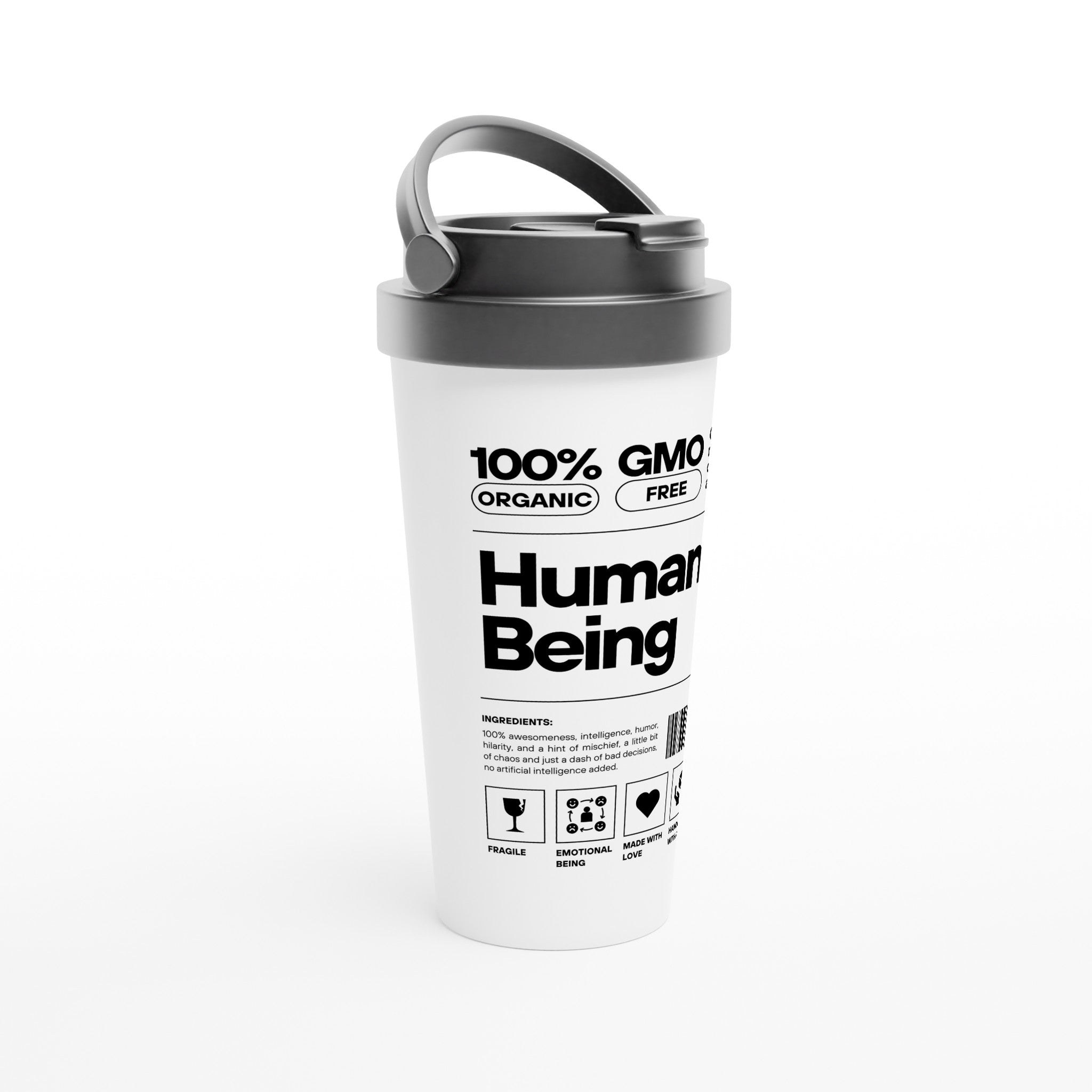 Human Being Product Description, Definition - White 15oz Stainless Steel Travel Mug Travel Mug Funny Globally Fulfilled