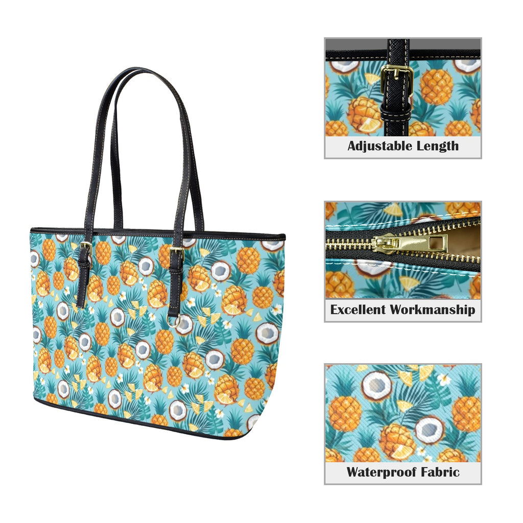 Pineapple Coconut PU Leather Tote Bag Large Leather Tote Bag-Large Food Printed Offshore