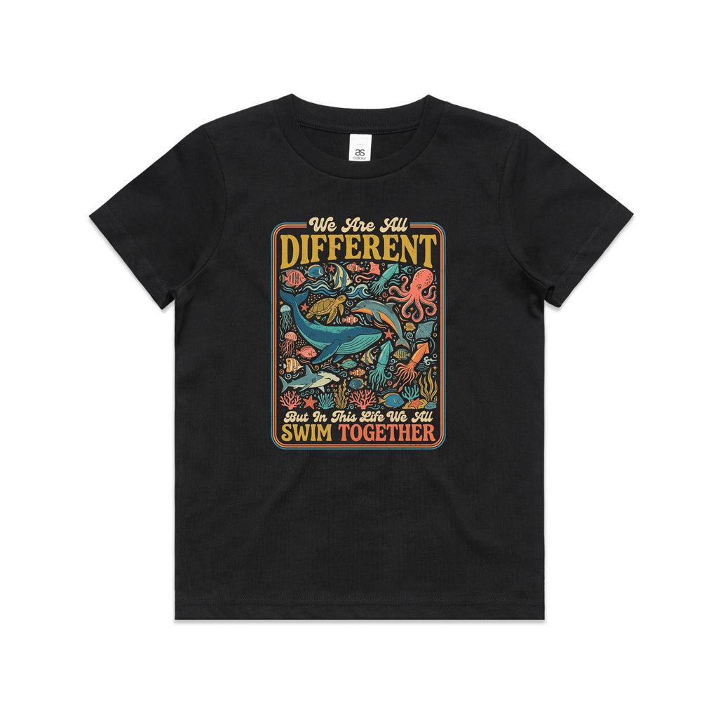 We Are All Different, But We All Swim Together Kids AS Colour T-shirt Black Kids Youth T-shirt animal Ocean Positivity Printed In Australia