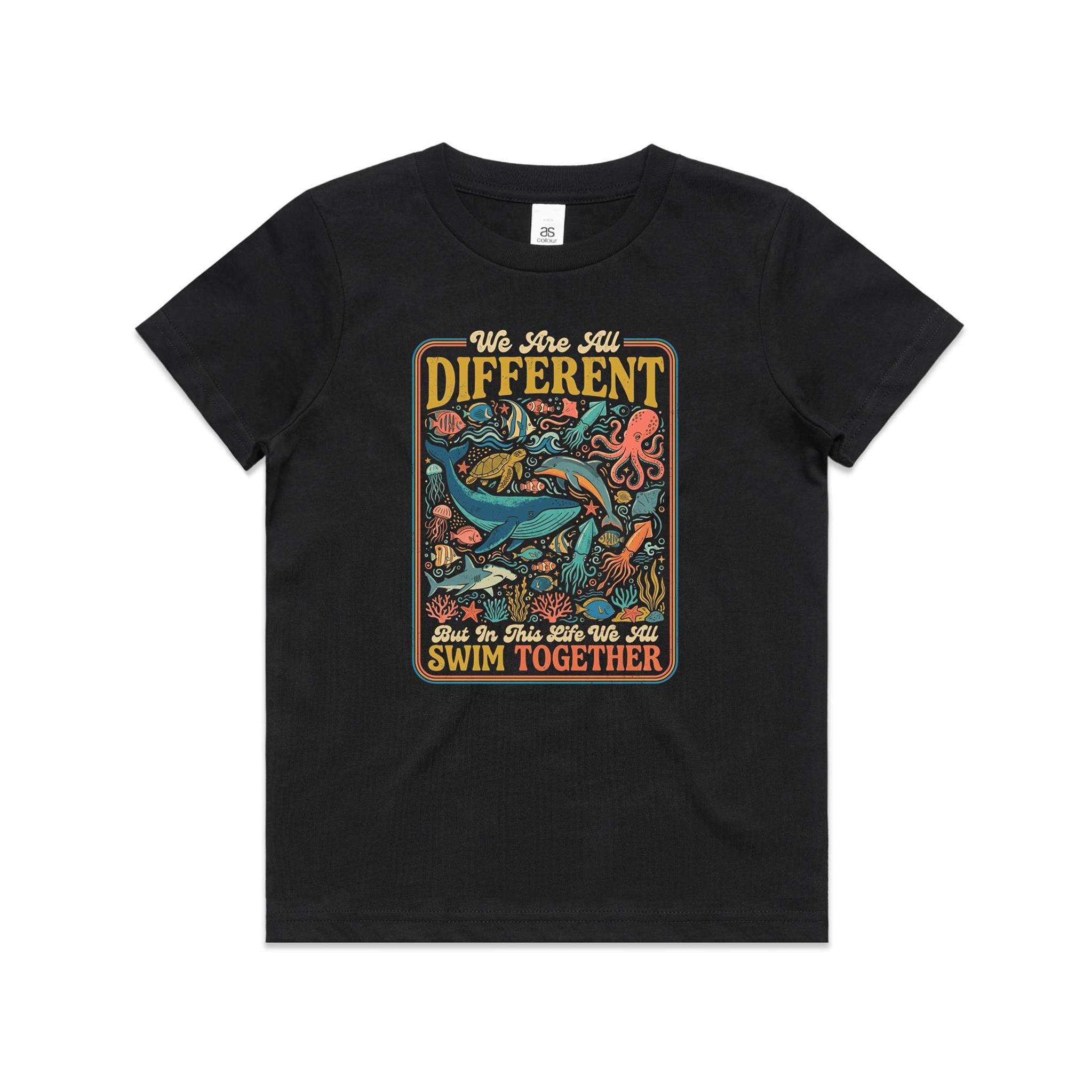 We Are All Different, But We All Swim Together - Kids AS Colour T-shirt Black Kids Youth T-shirt animal Ocean Positivity Printed In Australia