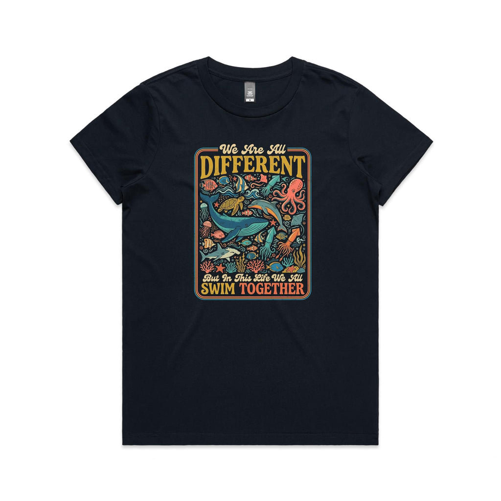 We Are All Different, But We All Swim Together Women's AS Colour T-shirt Navy Womens T-shirt animal Ocean Positivity Printed In Australia
