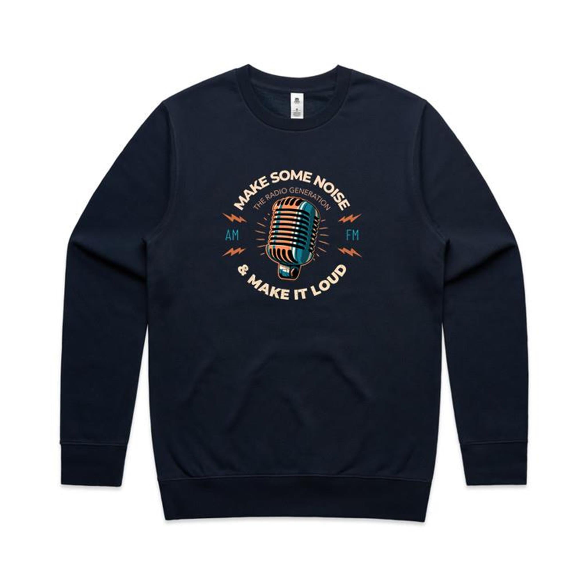Make Some Noise, Retro Microphone - AS Colour Stencil Crew Navy Sweatshirt Music Printed In Australia Retro
